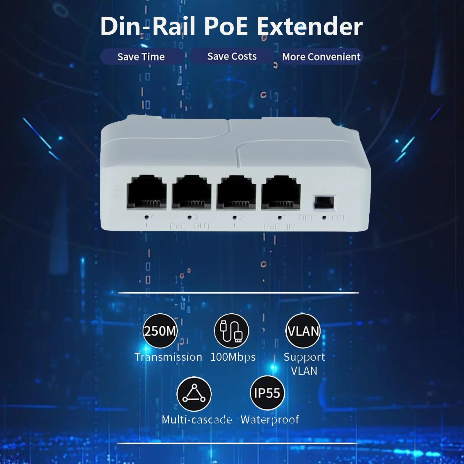 Extender PoE a 4 porte 1 in 3 Out-IEEE 802.3af/at, 30 W in uscita 24 W Ripetitore PoE 10/100 Mbps, Vlan ed estensione fino a 250 m, rilevamento automatico PD, Din-Rail e montaggio a parete