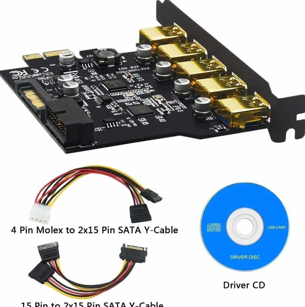 Scheda PCIE USB 3.0, 5 Porte a USB Scheda di Espansione Superspeed 5 Gbps con connettore di Alimentazione SATA a 15 Pin e interfaccia USB 3.0 a 19 Pin,Supporto Windows XP/Vista/7/8/10/ Linux
