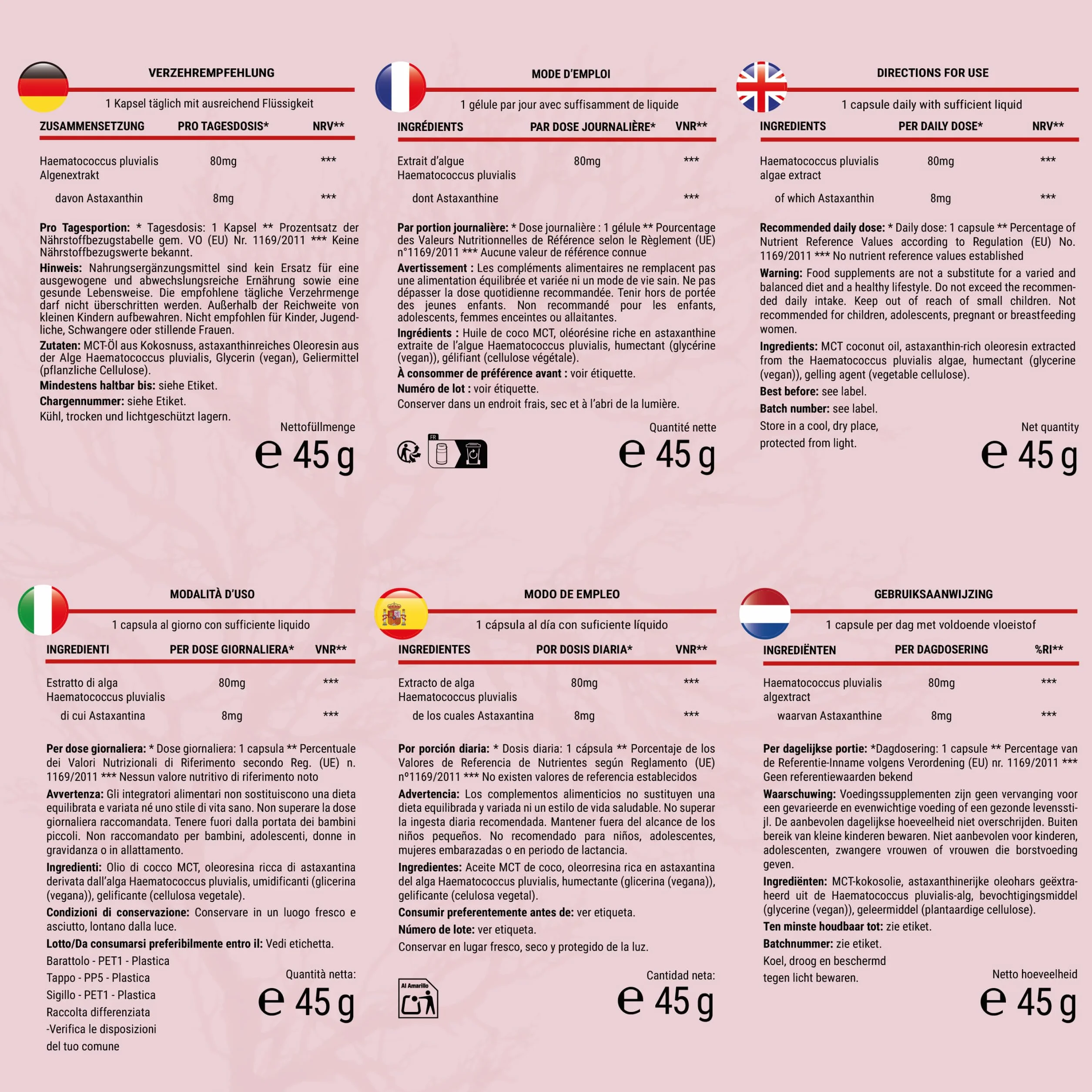 Astaxantina Pura 80 mg 180 Capsule dall’alga Haematococcus pluvialis Antiossidante senza OGM