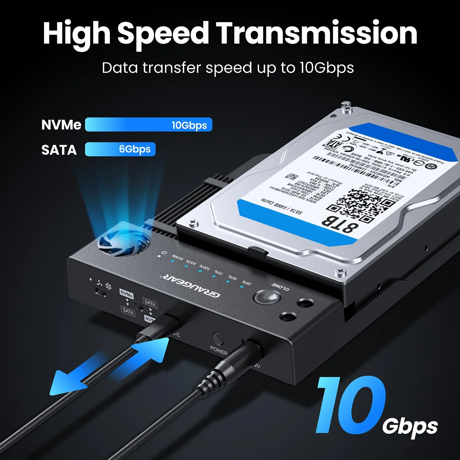 GRAUGEAR Stazione di Clonazione Bidirezionale HDD SATA 2,5/3,5 SSD M.2 SATA NVMe Docking Station USB 3.2 Gen 2 10 Gbit/s USB-C