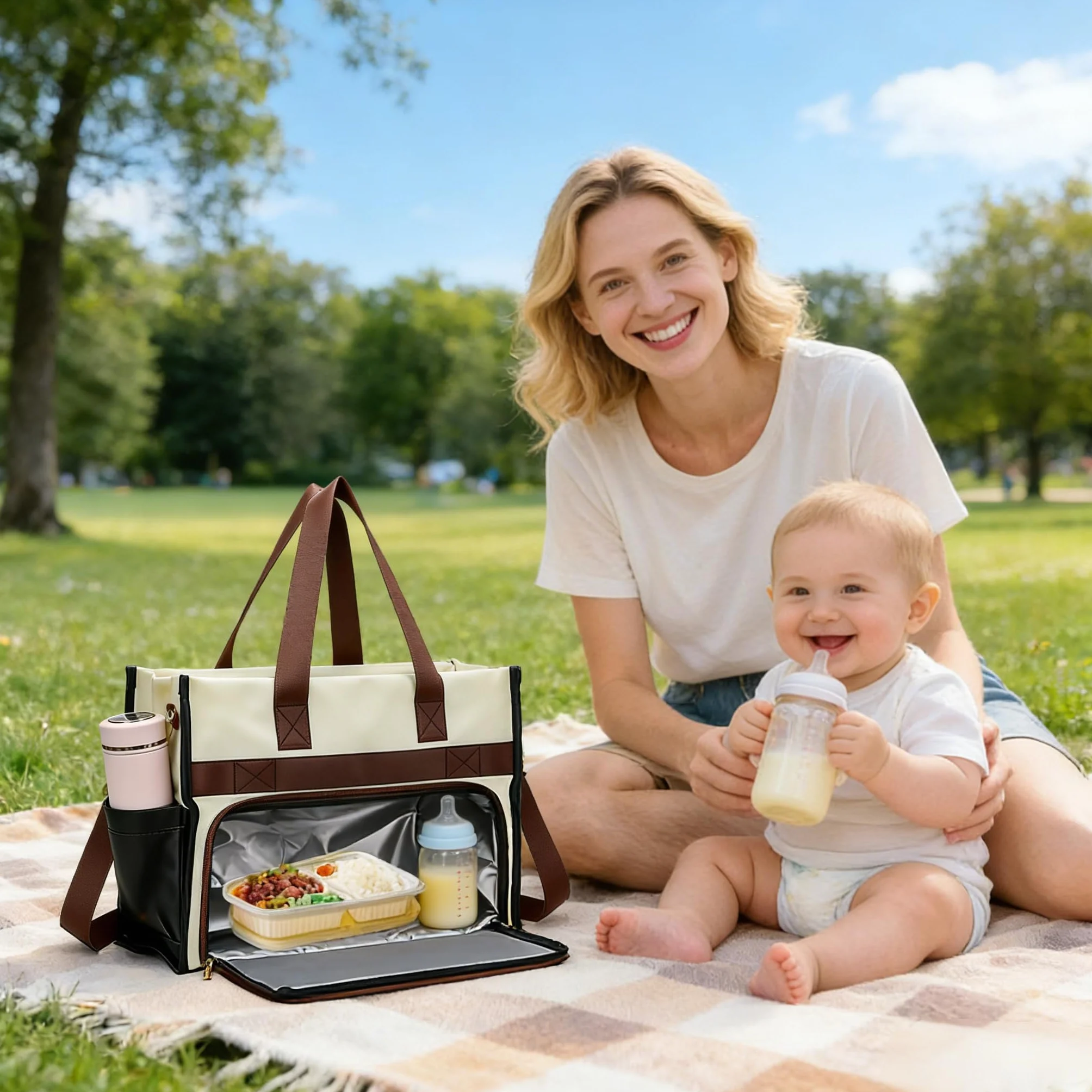 Newou - Borsa per il pranzo da donna, 15,6 pollici, con scomparto per il pranzo isolato, 2 in 1, con scomparto frigorifero, impermeabile, per ufficio, scuola, insegnante, regalo (bianco e nero