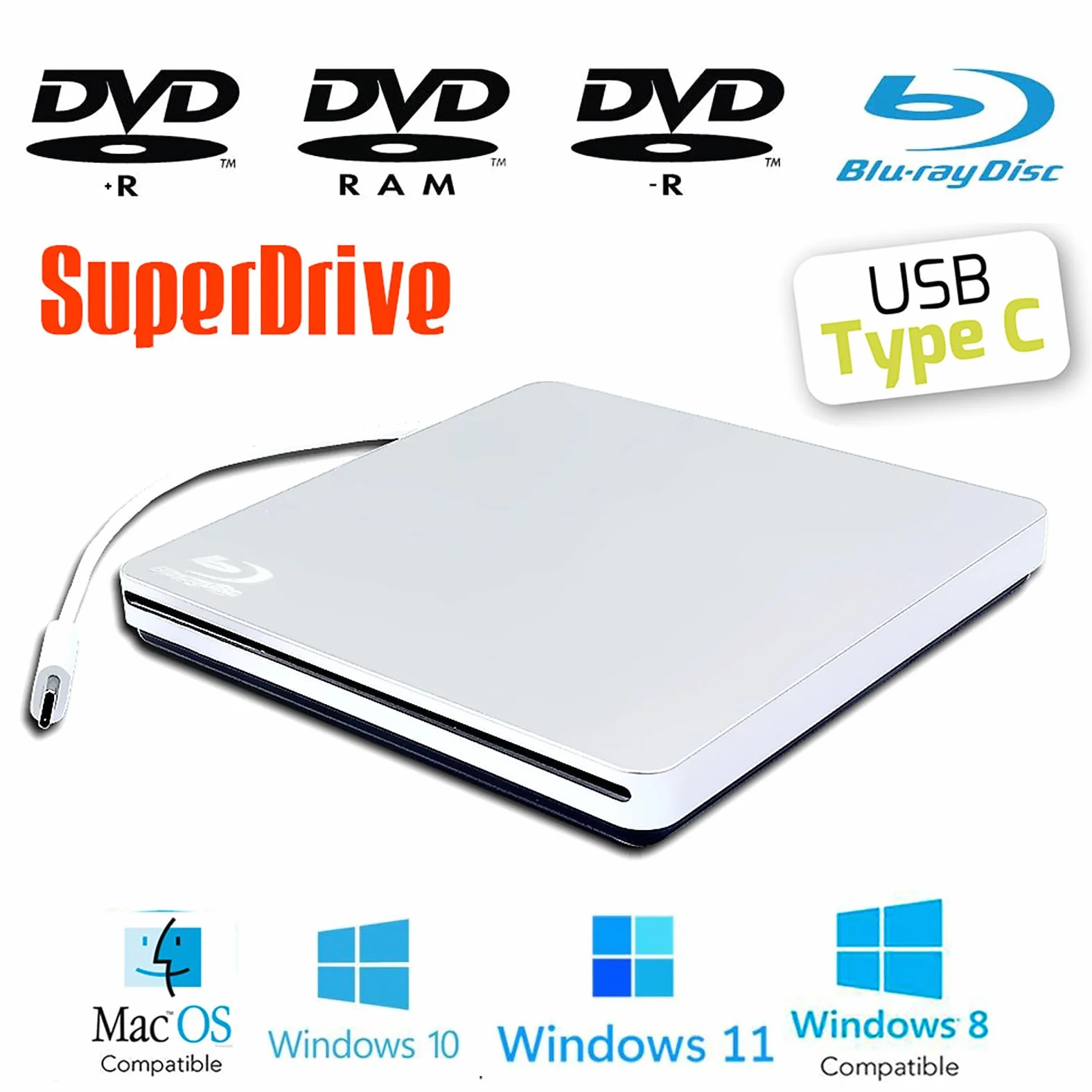 Superdrive USB esterno USB-C per lettore Blu-ray Mac, masterizzatore di CD, DVD, BD, per computer portatile Apple MacBook Air M1 M2 M3 15 13 2020 2018 2017 2022 2019 2024, unità ottica DVD+-RW 6X