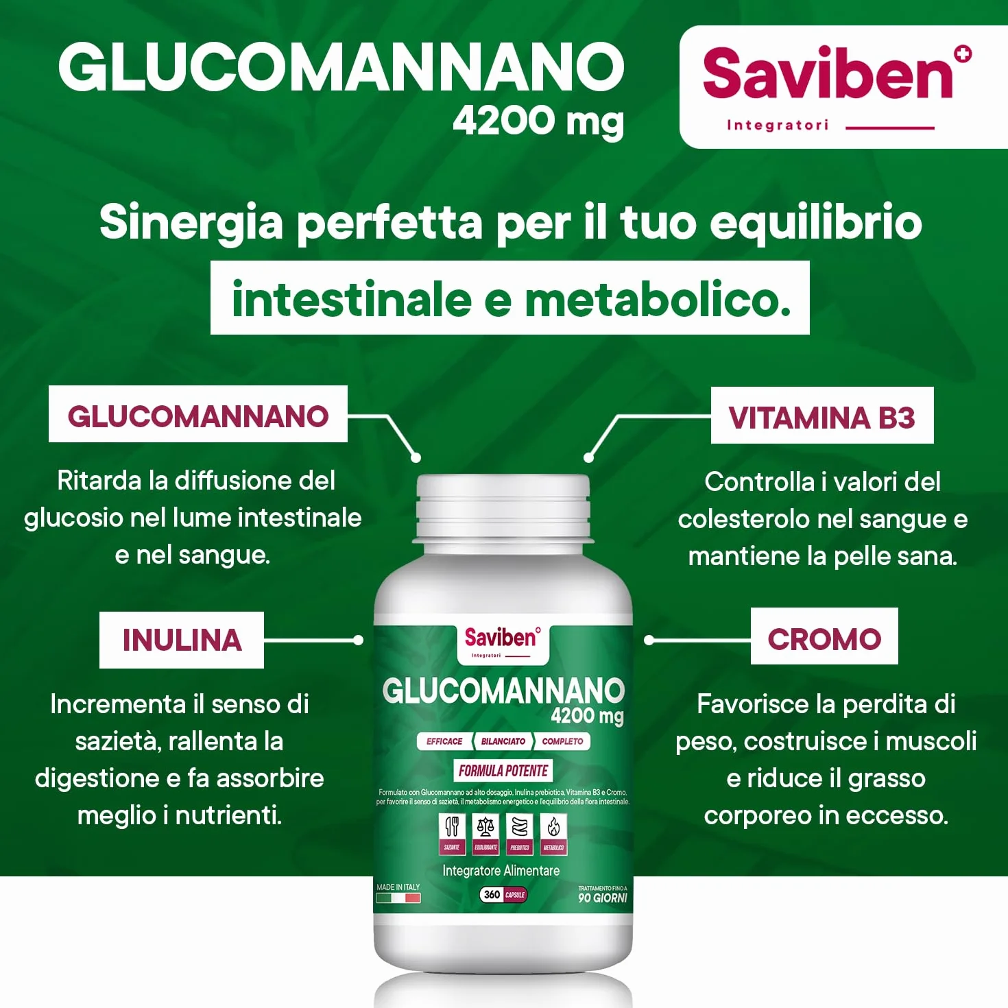 Glucomannano Forte 4200mg 360CPS Perdita di Peso Soppressore dell’Appetito con Inulina Cromo Vitamina B3