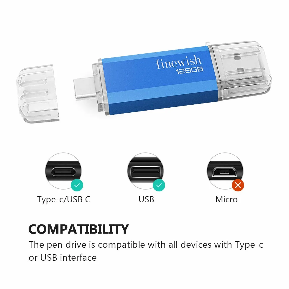 Chiavetta USB Type C 128 GB 2 in 1 OTG Pen Drive per PC MacBook Tablet Smartphone Huawei Samsung Xiaomi Blu