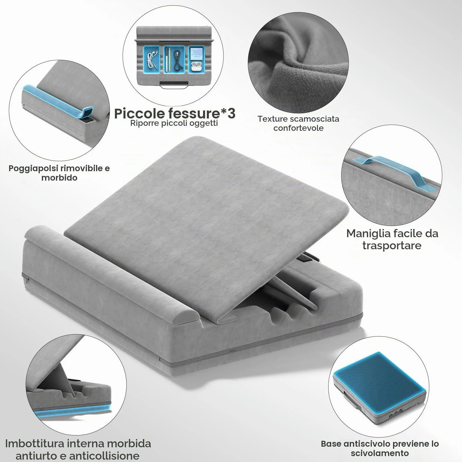 Cuscino per Computer Portatile, Porta PC Scrivania con 3 Angolazioni Regolabili, Cuscino Laptop con Poggiapolsi, Supporto Laptop Scrivania Adatto per Lavoro e Domestico, Grigio