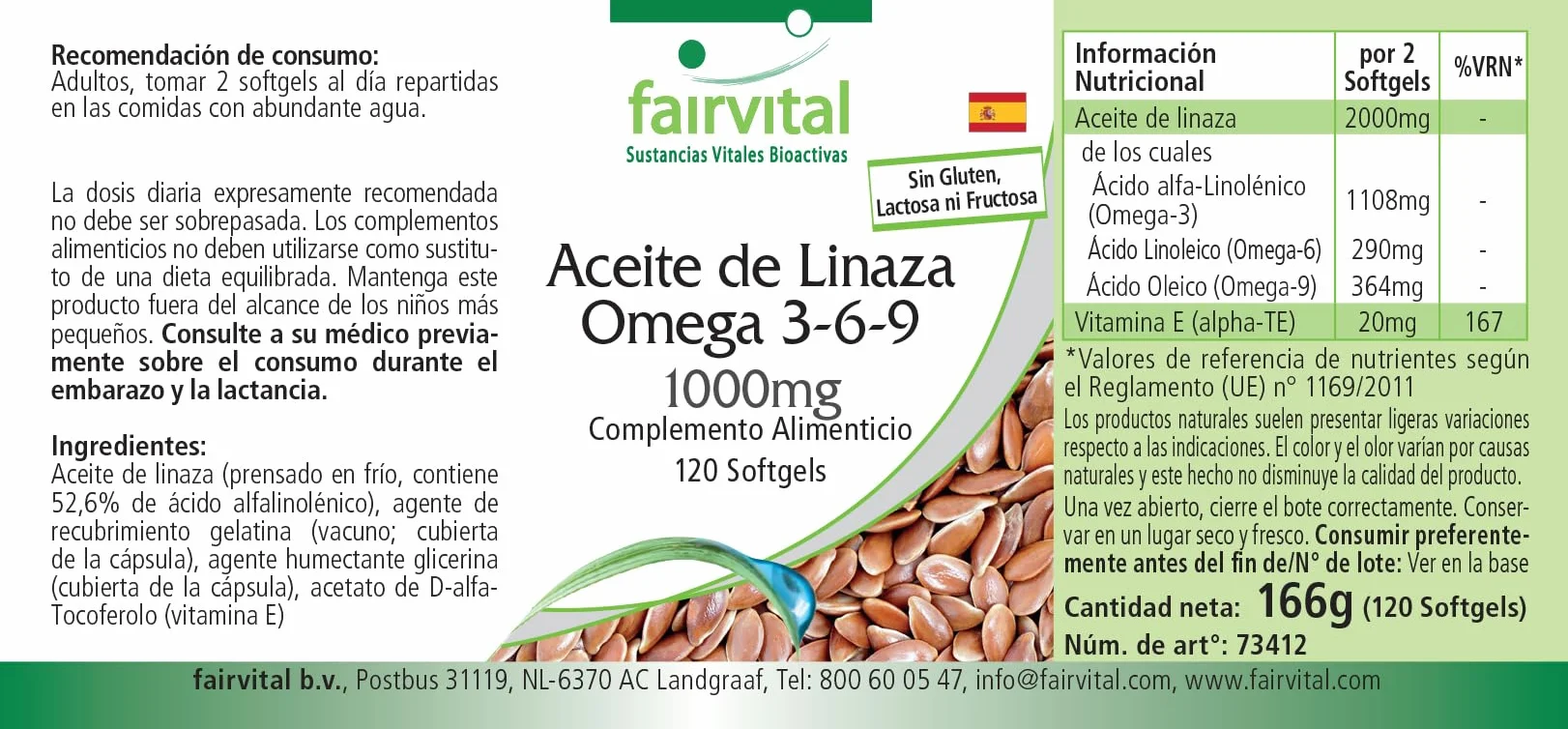 Fairvital Omega-3-6-9 Capsule, 2000 mg di Olio di Semi di Lino, 120 Softgel