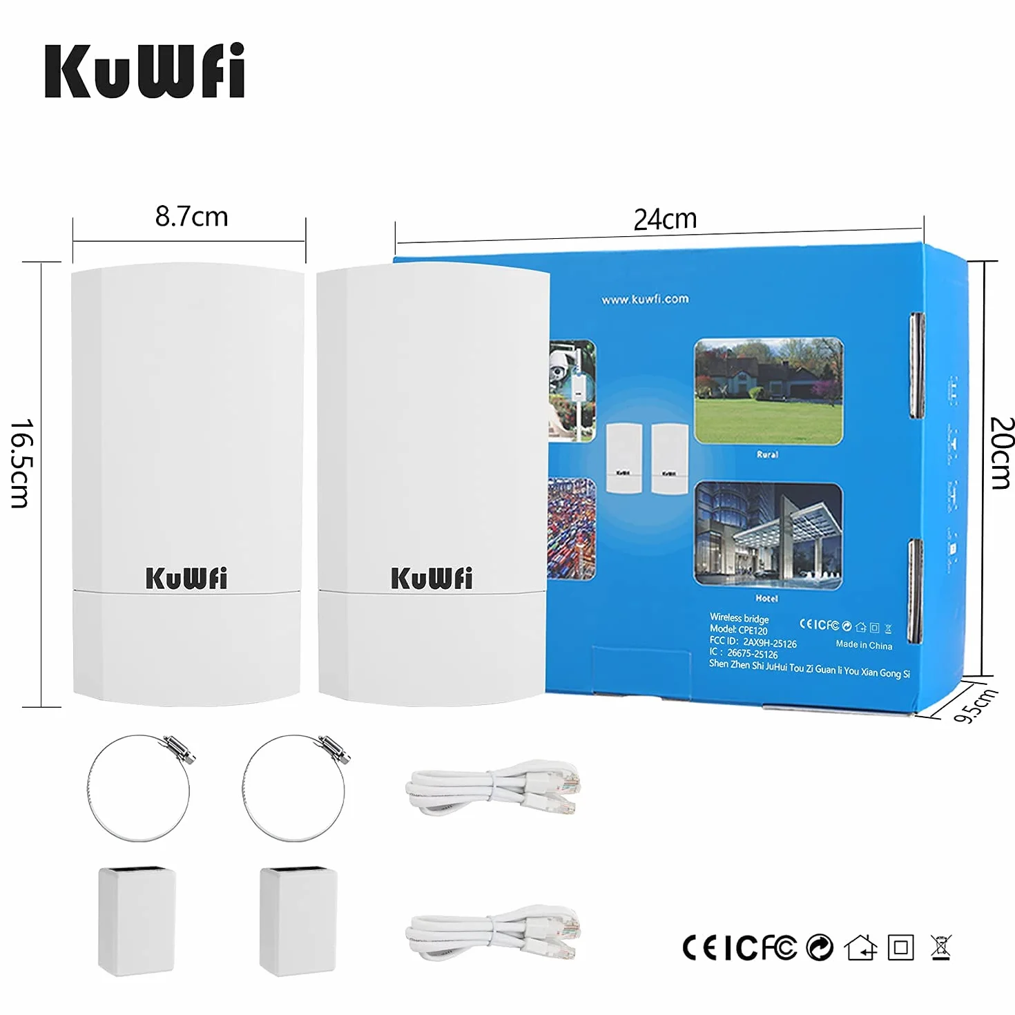 Accesso Point Esterno, KuWFi 300 Mbps Wireless Bridge/CPE Point-to-Point per Interni ed Esterni Supporta 1 KM di Distanza per Trasmissione Remota PTP, Applicazione PTMP