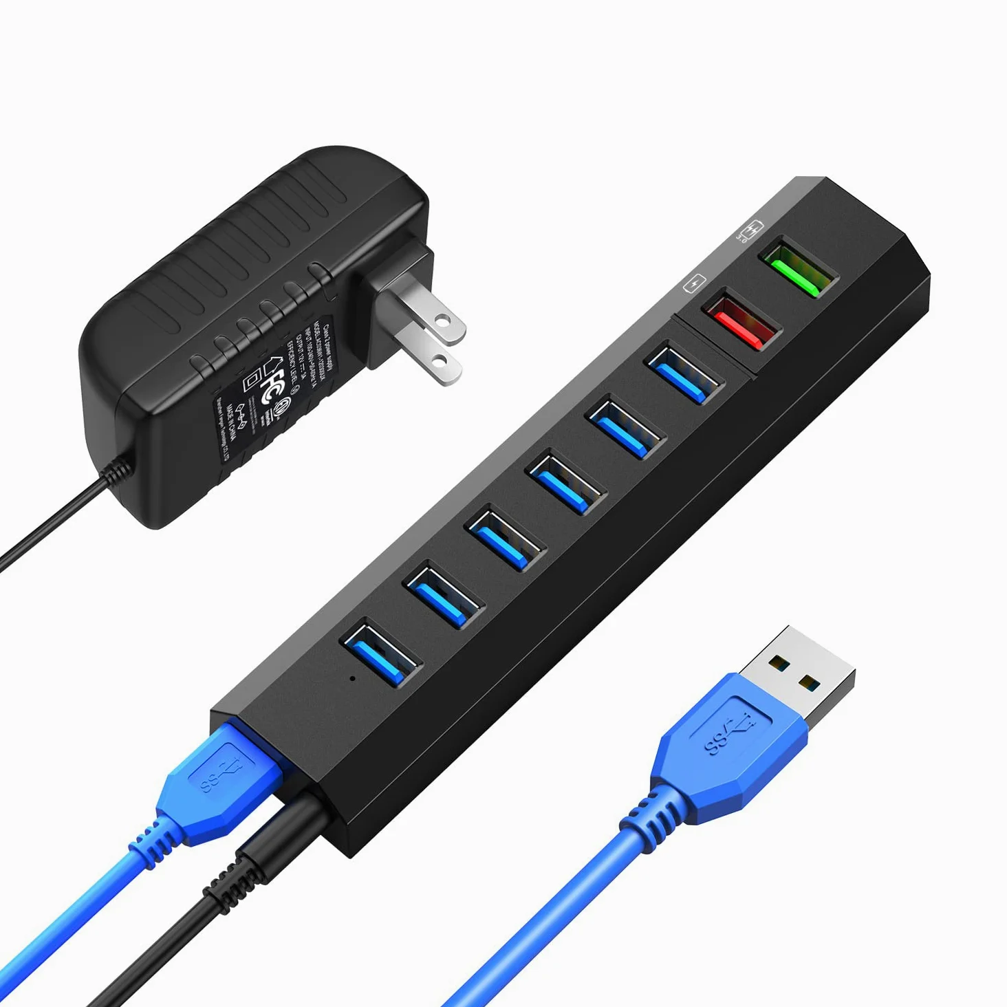 RAOYI Hub USB 3.0 alimentato, 8 porte ad alta velocità USB 3.0 Hub Splitter con adattatore di alimentazione da 36 W, cavo da 1 m e hub USB per caricabatterie rapido intelligente per laptop, PC, HDD