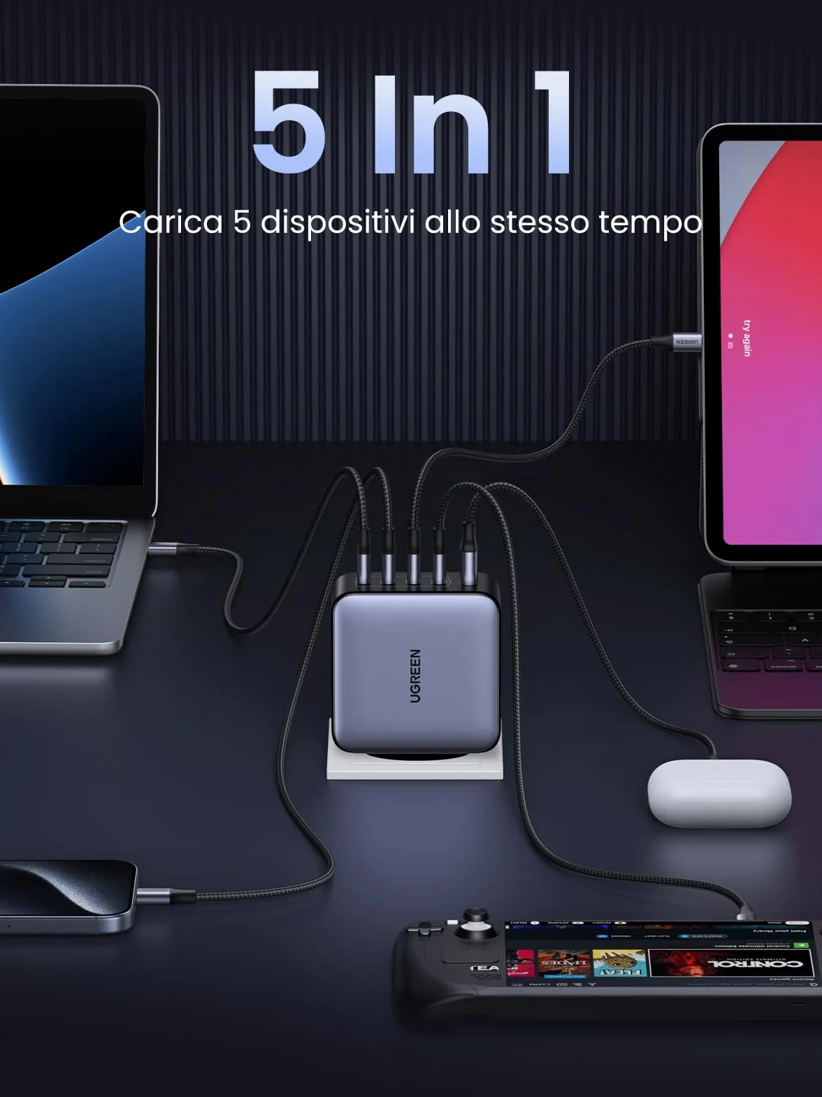 UGREEN Nexode 100W Caricatore USB C 5 Porte + Cavo USB C 100W 1M | PD 3.0 GaNInfinity PPS 45W Compatibile con iPhone 17 Pro Max Air 16 15 14 13 Galaxy S26 25 24 Pixel 10 Pro iPad MacBook M5