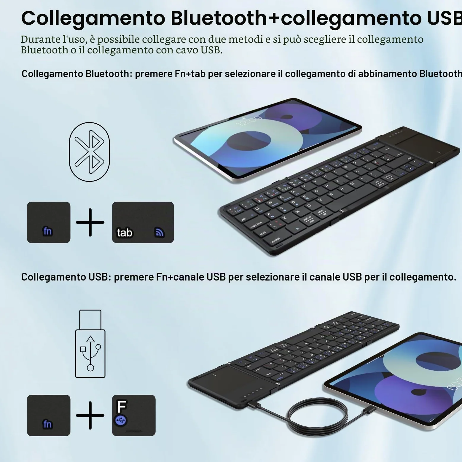 Tastiera Bluetooth pieghevole con touchpad, collega quattro dispositivi, connessione Bluetooth + cavo USB, QWERTZ tedesco con trackpad, per iOS, Android, Windows, laptop, PC