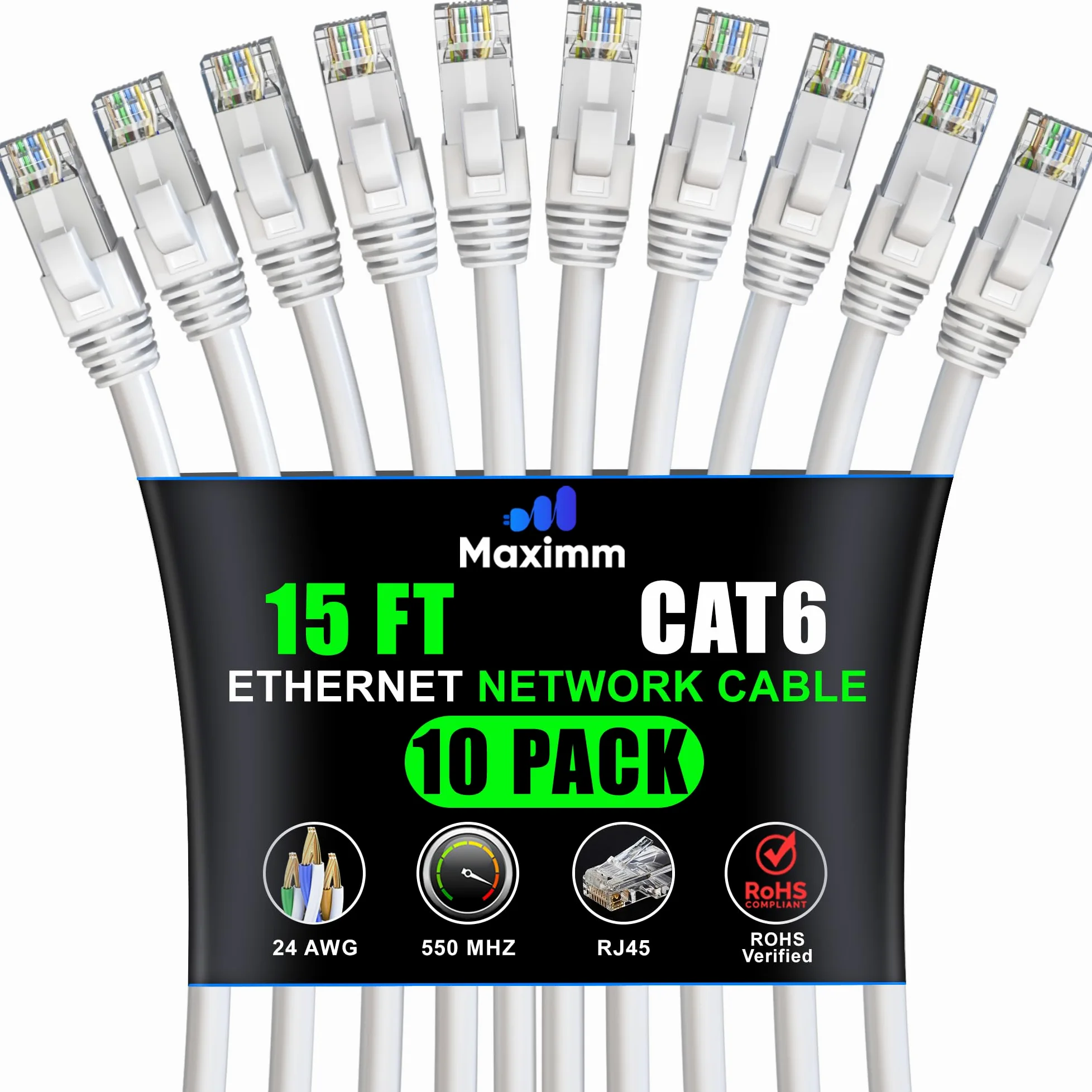 Maximm Cavo Ethernet Cat 6 da 4,6 m (confezione da 10) - Cavo LAN ad alta velocità, cavo Internet, cavo patch e cavo di rete - UTP, 10 Gbps, 550 MHz - Bianco
