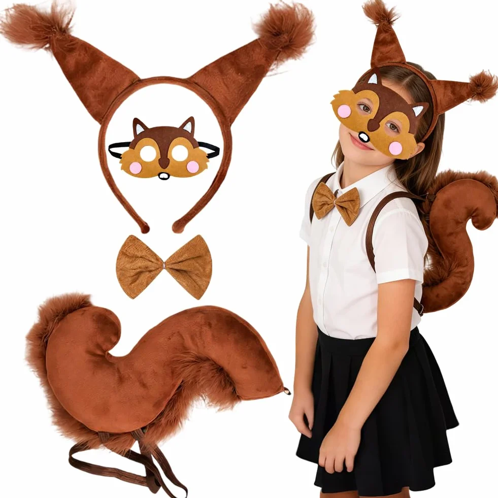 Costume Scoiattolo 4 Pezzi - Cerchietto Orecchie Papillon Pelliccia Sintetica Coda Maschera per Donne Feste