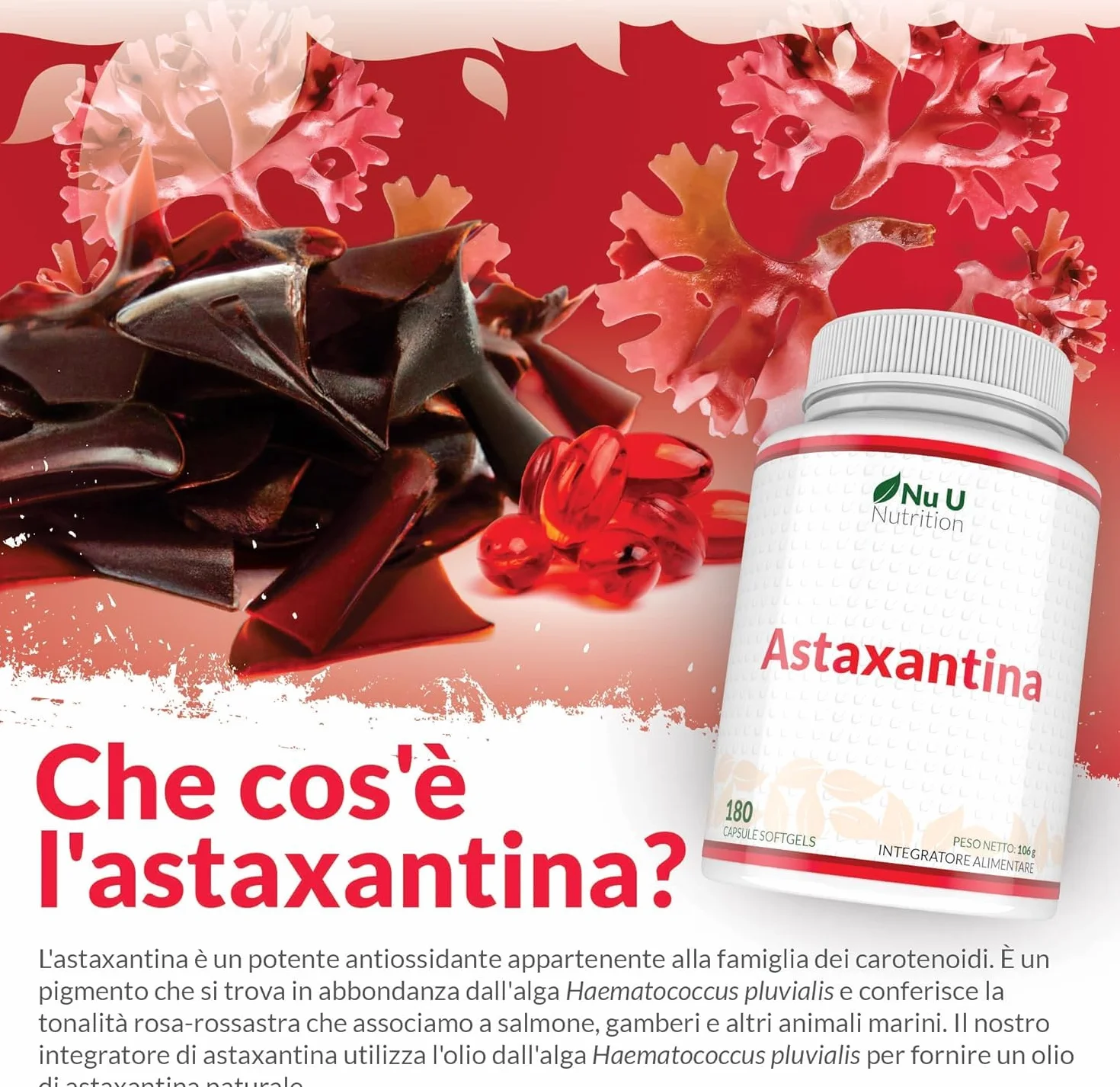 Nu U Nutrition Astaxantina Naturale 12mg 180 Capsule Softgel Integratore Antiossidante