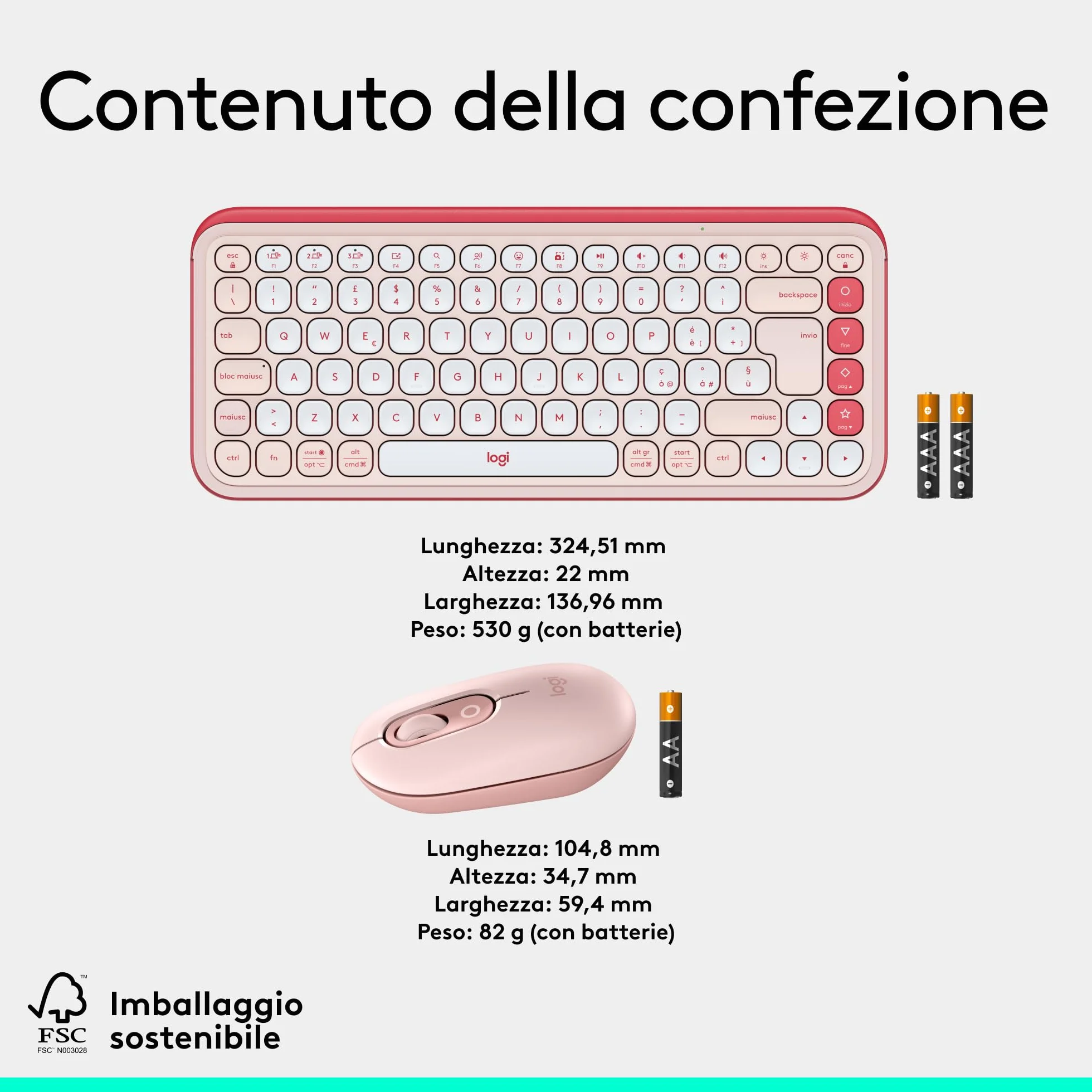 Logitech Pop Icon Combo, kit mouse e tastiera Bluetooth, digitazione comoda, tasti e pulsanti programmabili, clic discreti, Easy-Switch fino a 3 dispositivi, ITA QWERTY – Rosa
