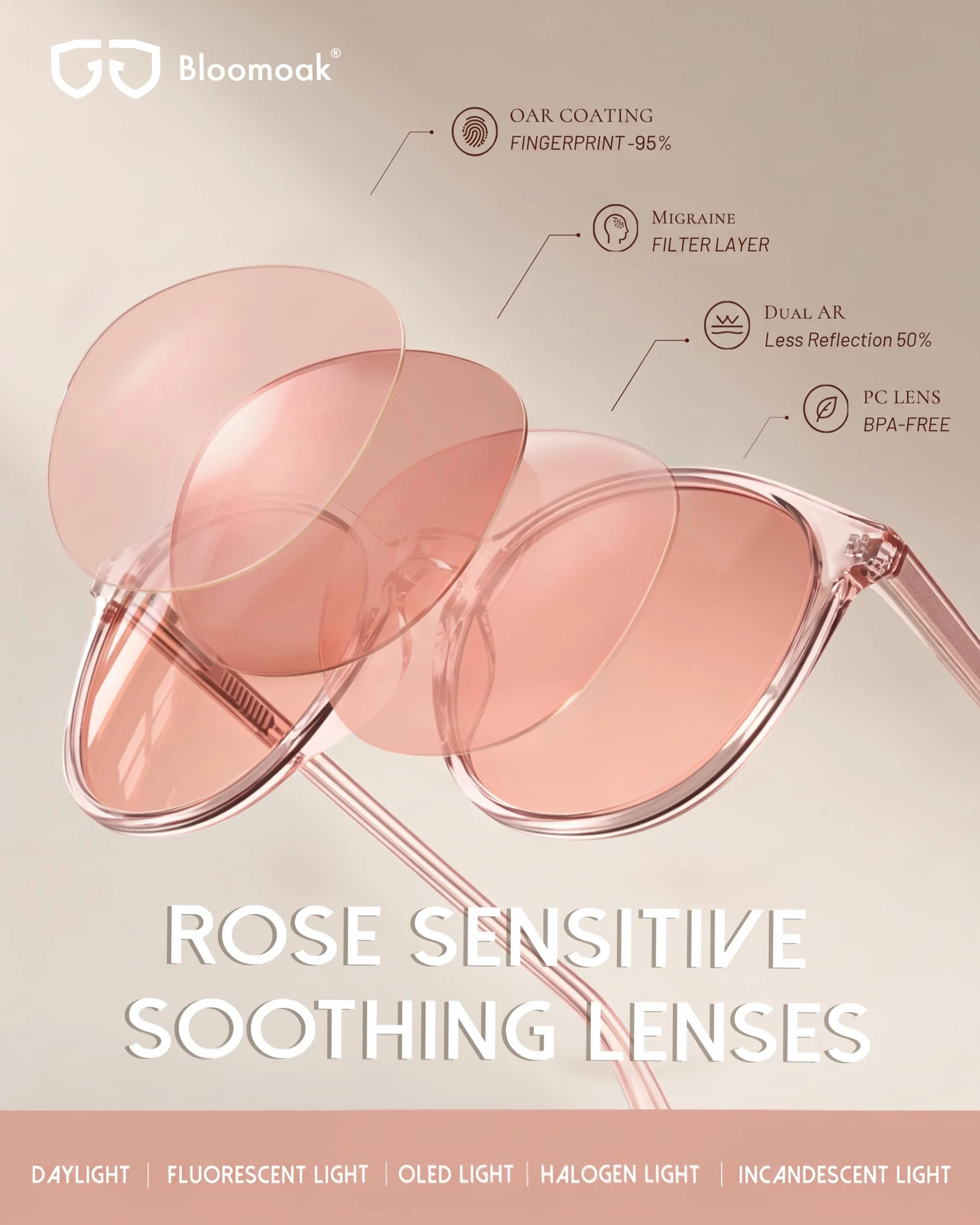 Bloomoak Occhiali FL-Flex per emicrania rosa, 53 mm, per sensibilità alla luce e fotofobia