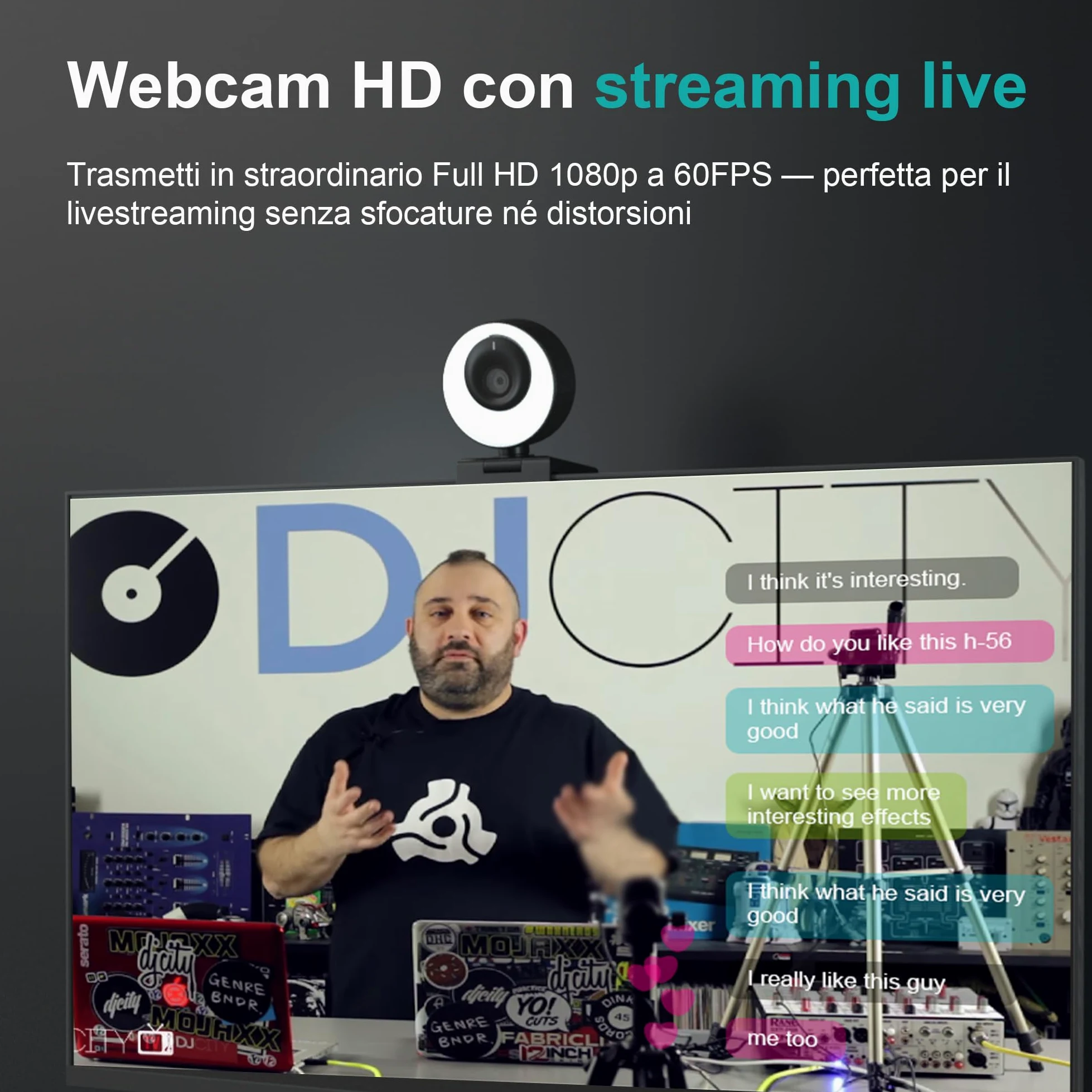 Webcam 1080P 60FPS con Microfono, Ring Light, Autofocus, 3 Modalità di illuminazione con Dimmerazione Continua per Videoconferenze su PC, Mac, Laptop e Tablet