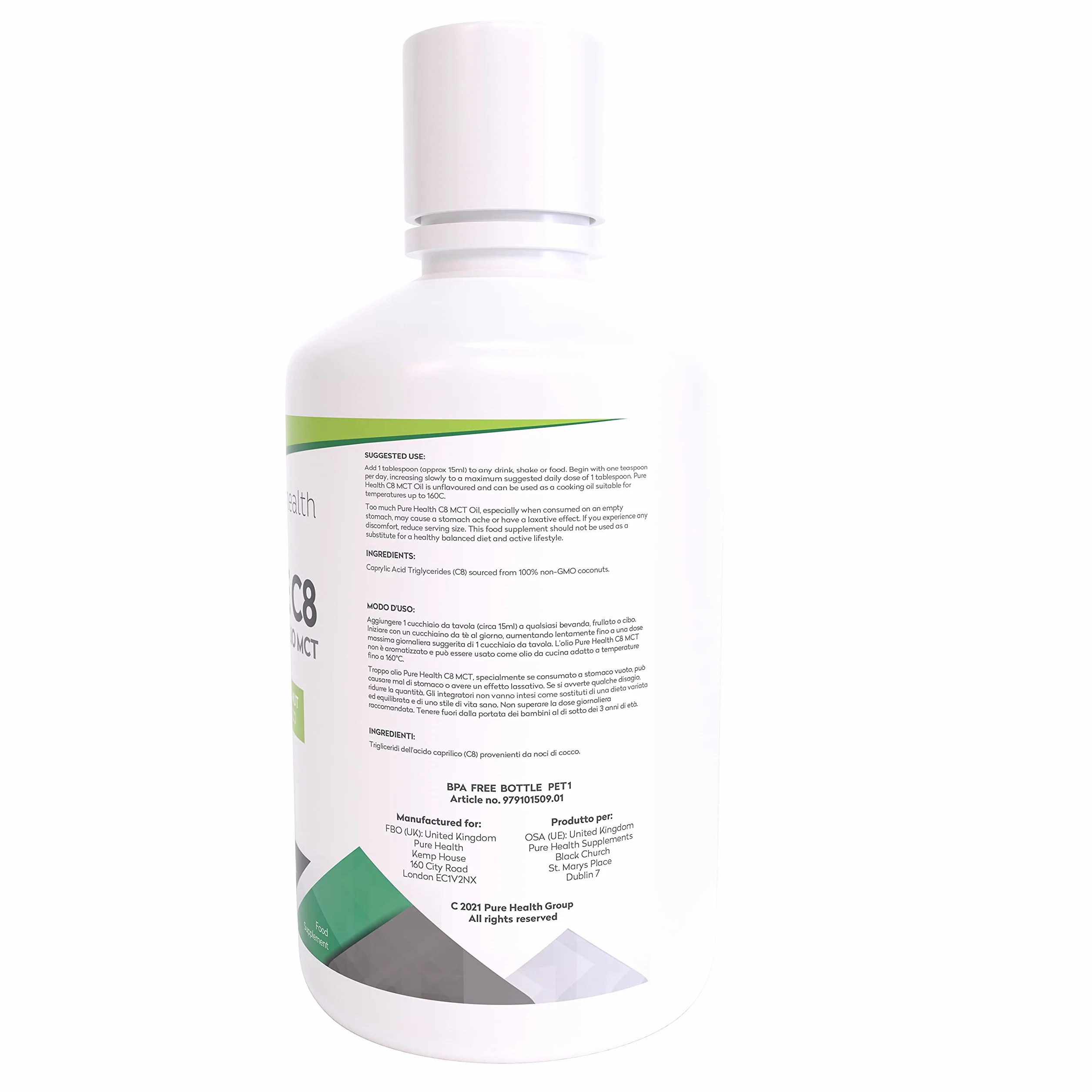 C8 MCT Oil Olio 1000ML 100% Cocco 99% Purezza Acido Caprilico Puro C8 Paleo Keto Vegan Senza Glutine Bottiglia senza BPA