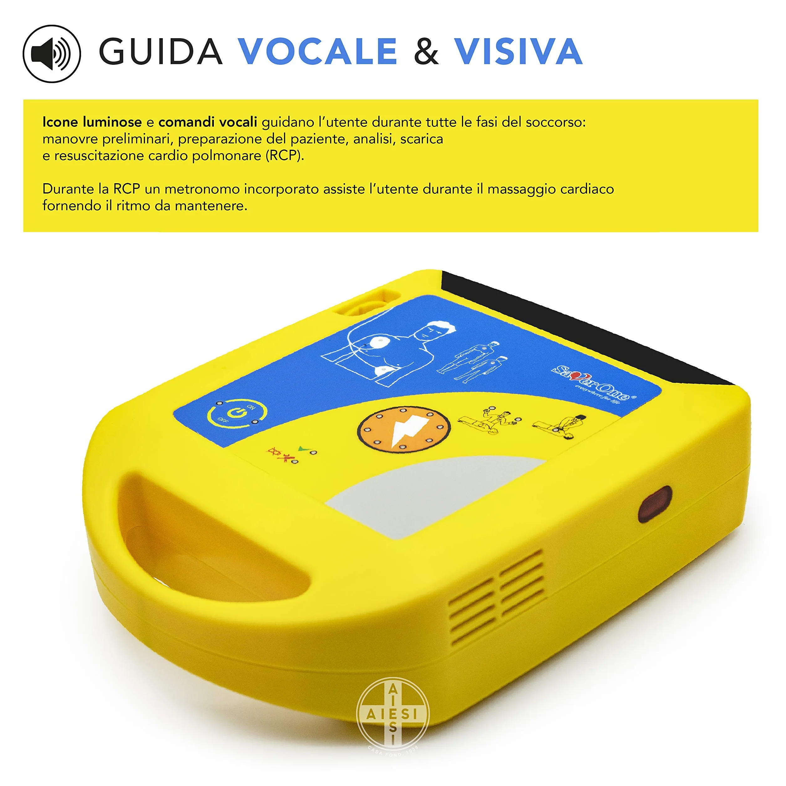 AMI ITALIA® Defibrillatore semiautomatico SAVER ONE z baterią nieladowalną i parą elektrod dla dorosłych, Gwarancja 6 lat, Made in Italy