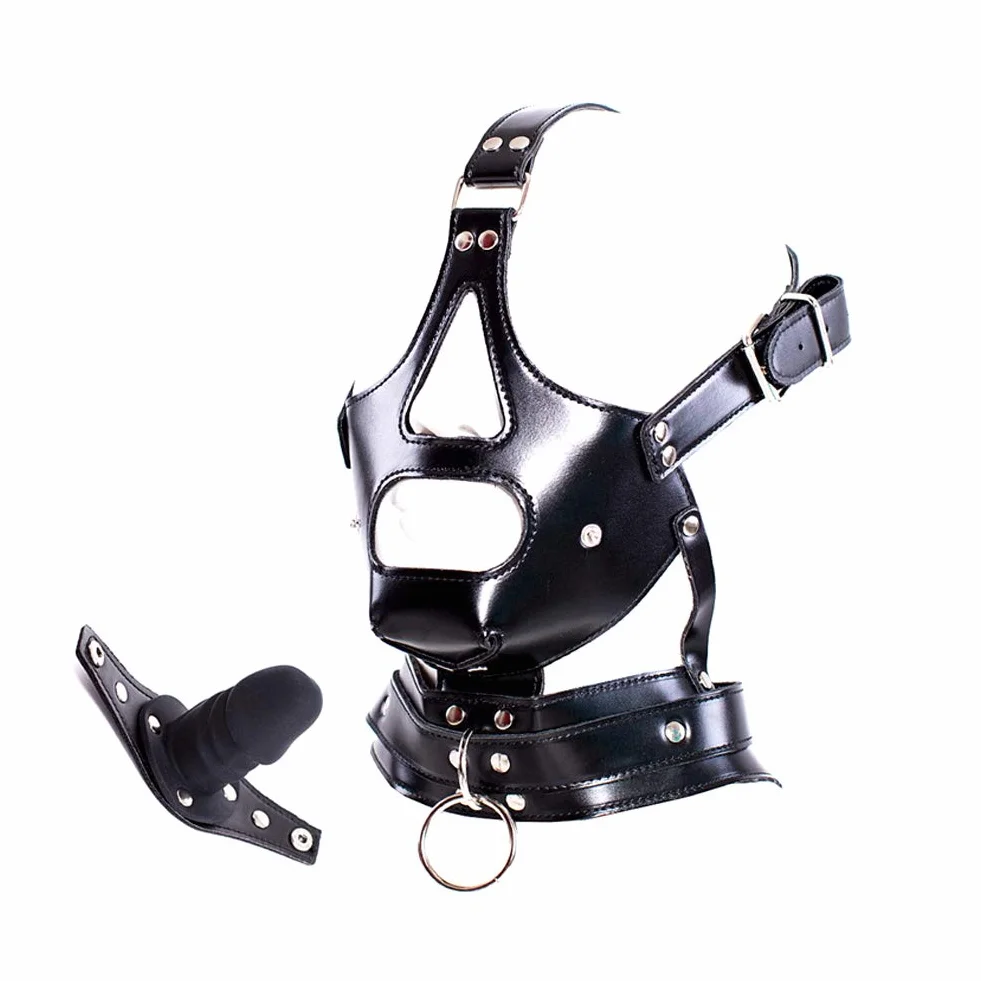 SM Maschera bondage in pelle regolabile con cappuccio e bavaglio per schiavi