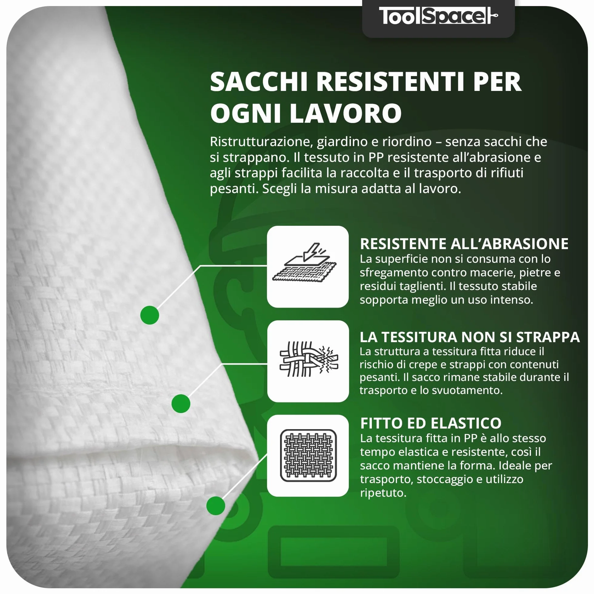 ToolSpace Sacchi in Rafia Polipropilene 65x105 cm 50 kg Resistenti per Carico Pesante Edilizia Cantiere