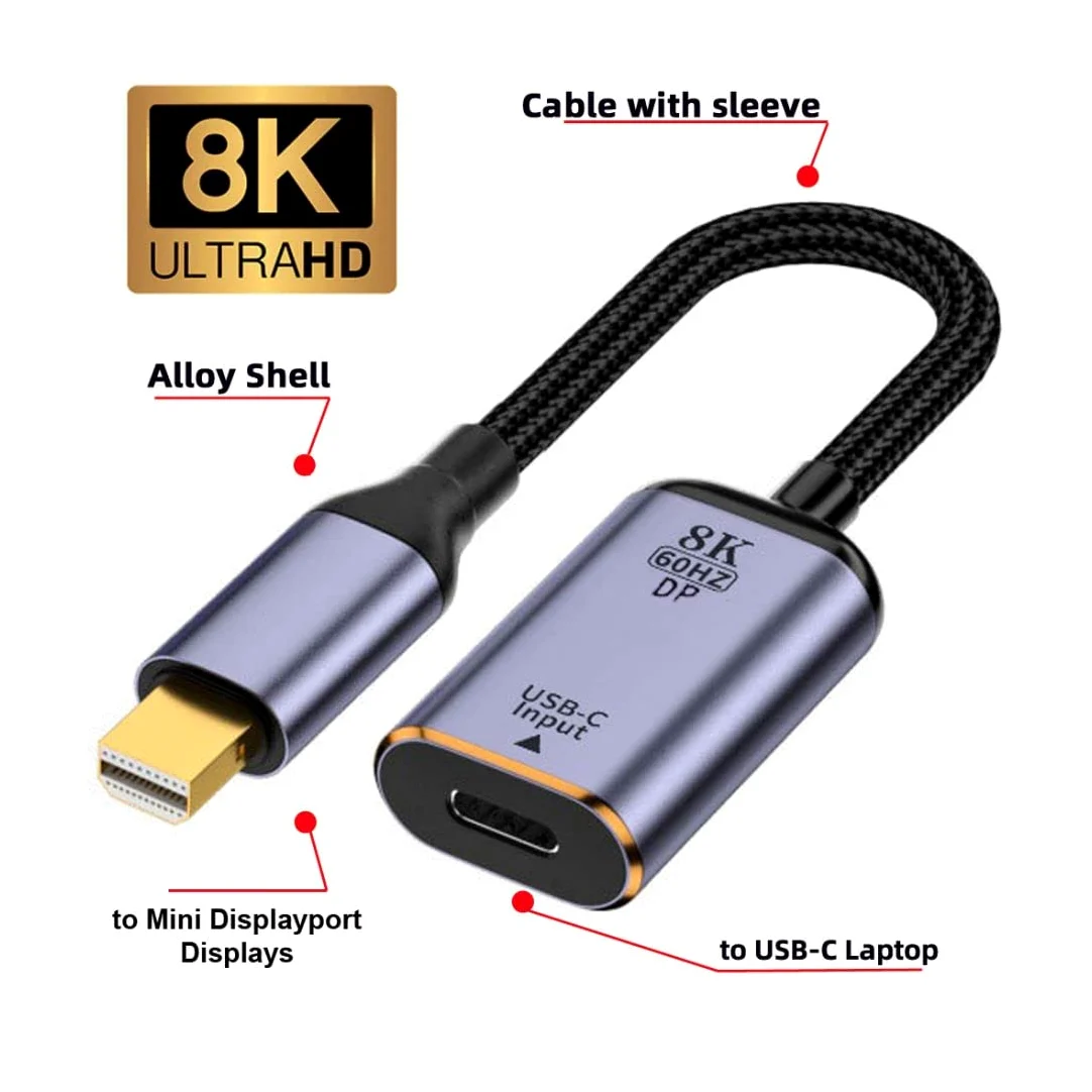 chenyang Cavo da USB C a Mini Displayport, ingresso USB tipo C femmina a Mini Displayport 1.4 maschio uscita HDTV cavo 8K @ 60hz 4K @ 120hz per tablet, telefono e laptop