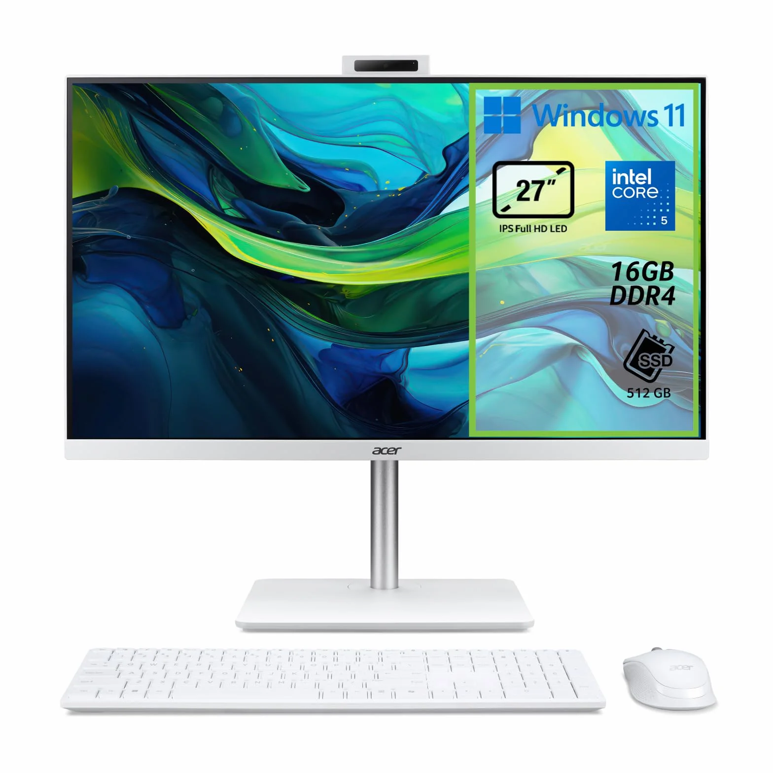 Acer Aspire C27A-GRPL All-in-One Desktop PC, Intel Core 5 120U, 16GB DDR4, 512GB SSD, 27" IPS FHD 120Hz, WiFi 6, Windows 11 Home
