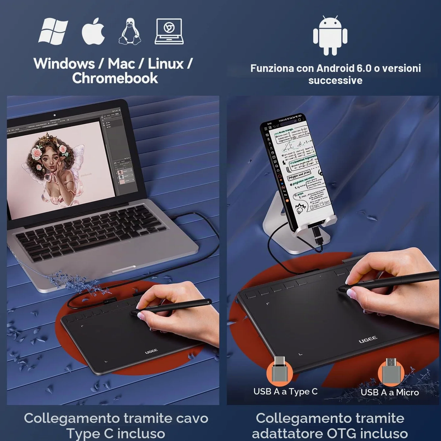 Tavoletta grafica UGEE S640 Tavoletta grafica ultrasottile digitale con funzione di inclinazione dello stilo senza batteria Sensibilità alla pressione 8192 Supporto Windows/Mac/Linux/Android