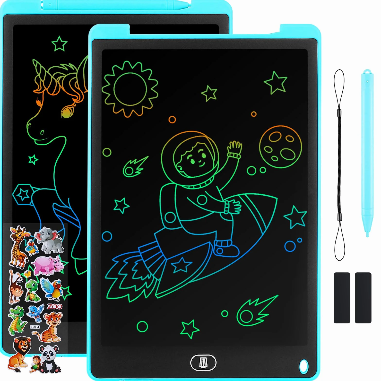 Tavoletta Grafica LCD 12 Pollici 2 Pezzi Schermo Colorato per Bambini Cancellabile Adesivi Animali Blu