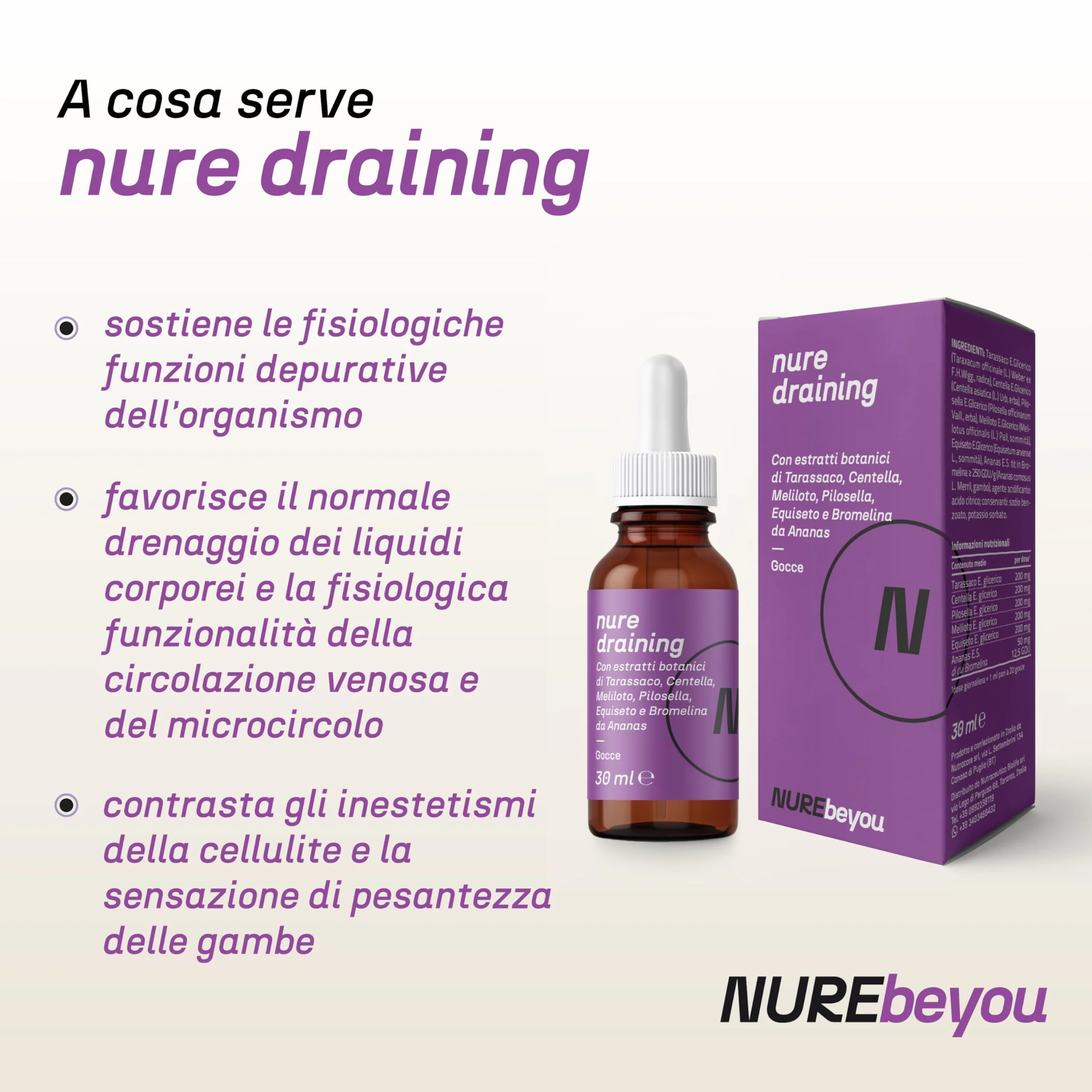 NURE Integratore drenante gocce 30 ml Bromelina Tarassaco centella equiseto depurativo naturale