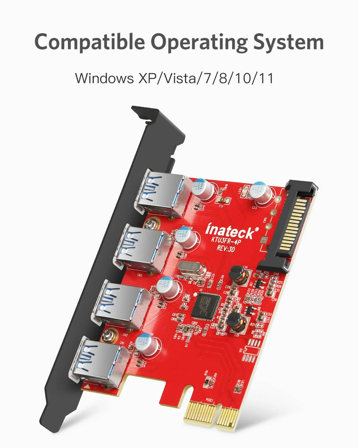 Inateck KTU3FR-4P 4 porte PCI Express card desktop usb Controller, Fresco FL1100 chipset compatible Windows XP/Vista/7/8, Include un 4pin to 2x15pin Cable + un 15pin to 2x15pin SATA Y-Cable