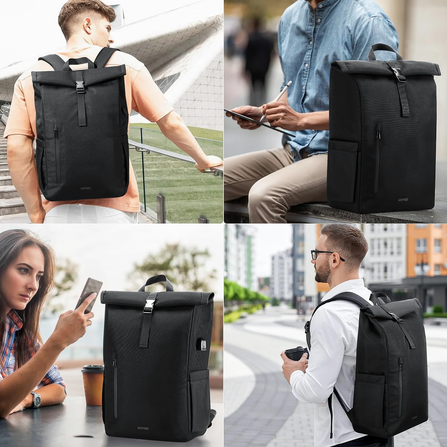 HOMIEE Zaino Rolltop Uomo Donna Zaino Porta PC 17,3 Pollici Zaino da Viaggio Espandibile 24-30L Zaini Uomo Lavoro Impermeabile Zaino Arrotolabile Antifurto con Porta di Ricarica USB