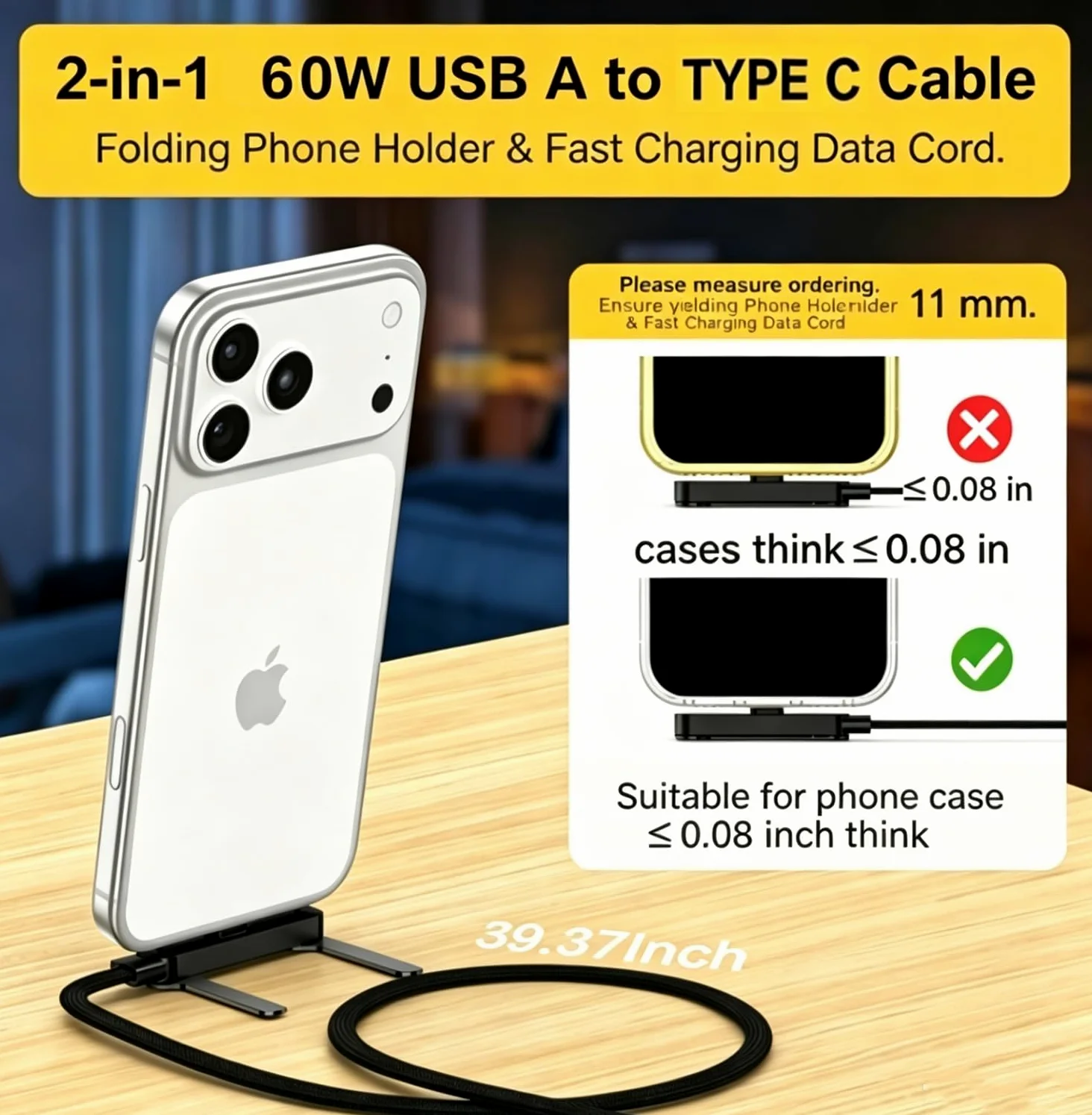Cavo di ricarica rapida da USB A a tipo C da 60 W con supporto pieghevole per telefono, cavo di ricarica in nylon intrecciato da 1 m, 480 Mbps, sincronizzazione dati USB-C cavo di ricarica per