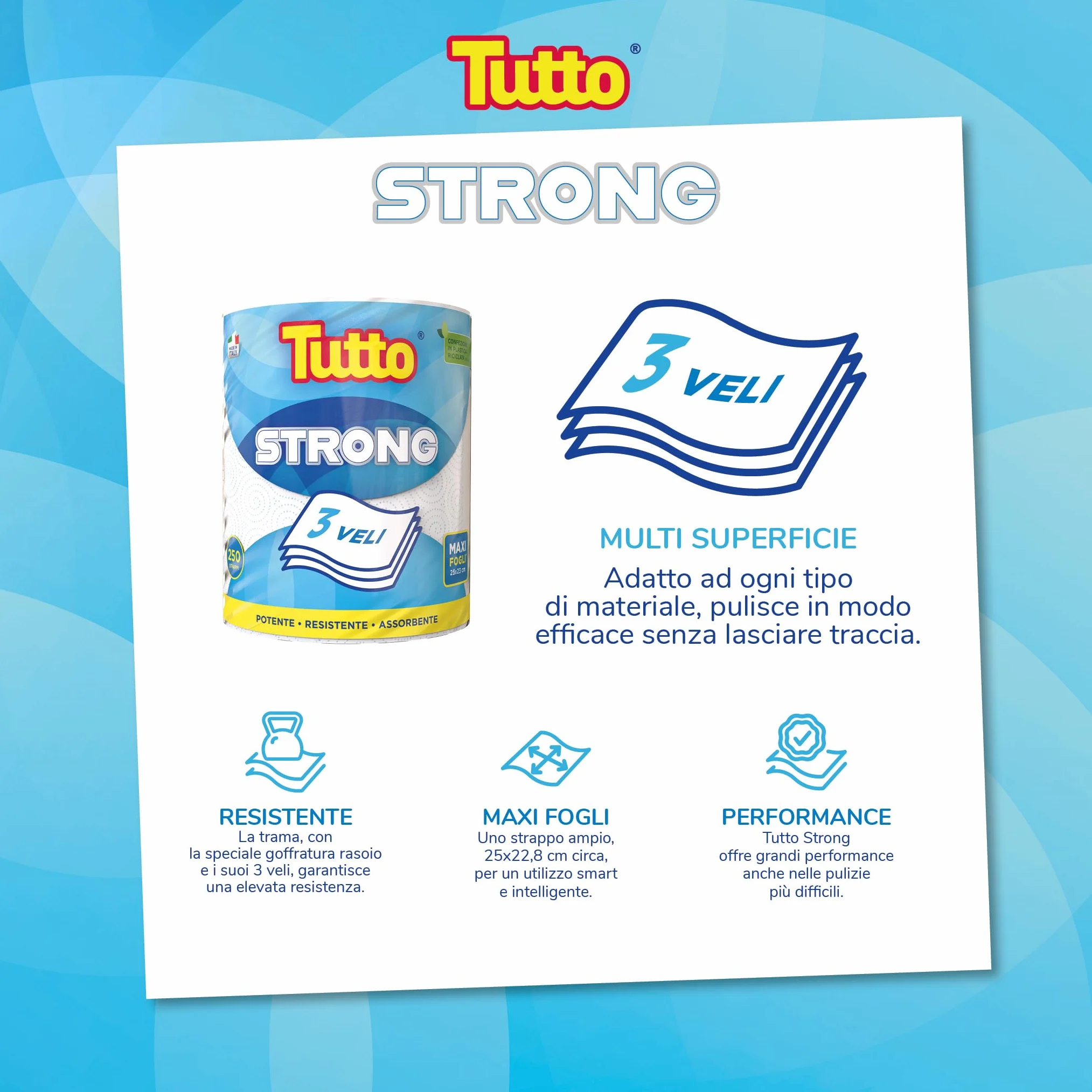Tutto Strong Rotolo Carta Multiuso Extra Resistente 250 Strappi 3 Veli Made in Italy