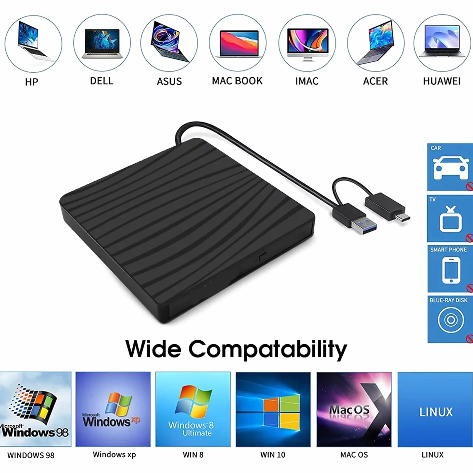 Unità DVD esterna USB 3.0 e Type-C portatile CD DVD +/-RW ROM drive per computer portatile PC desktop, CD DVD Burner Reader compatibile con sistemi operativi Windows XP / 2003 / Vista /7 /8/10/11
