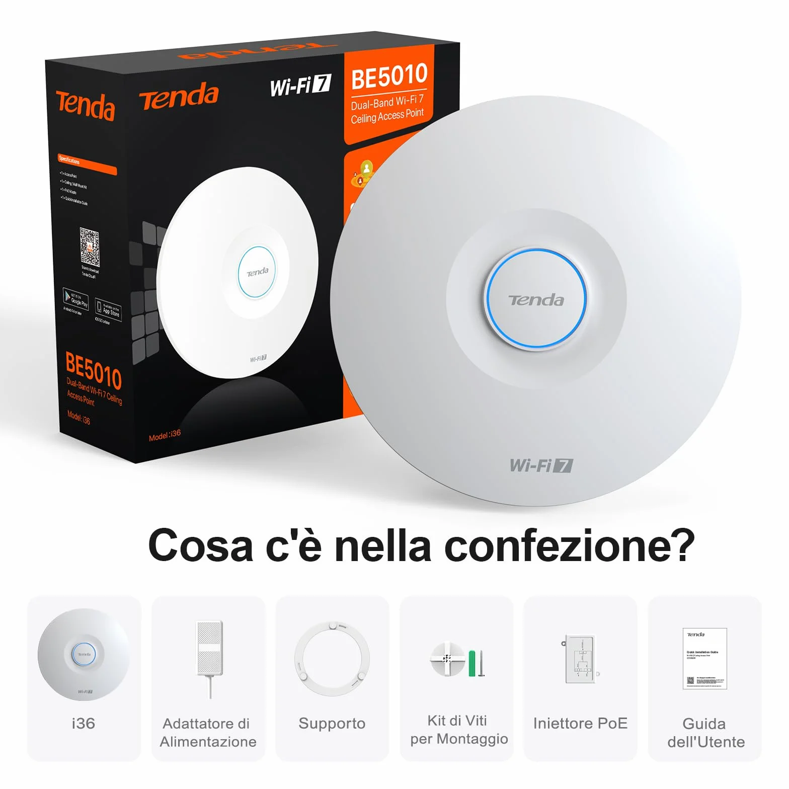 Tenda BE5010 Punto di accesso WiFi 7 con 2 porte (1x porta PoE+ 2.5G e 1x porta Gigabit, 802.11be Dualband, sicurezza WPA3, più SSID, gestione tramite app/cloud o locale, incluso alimentatore) (i36)