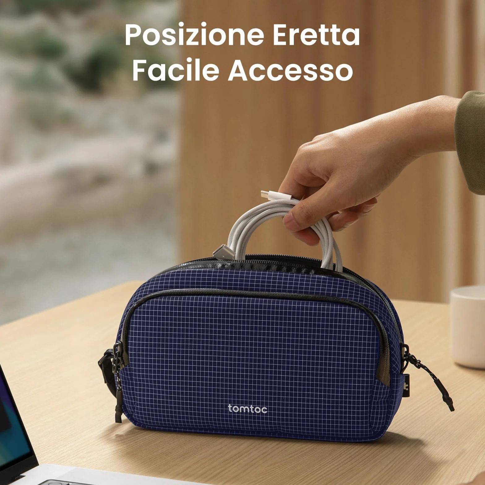 tomtoc T12 New Techpouch UK, Plaid blu, M, Organizer per borse