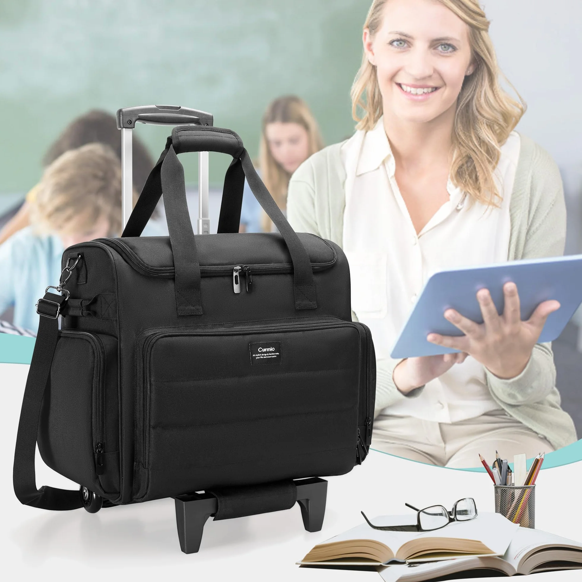 CURMIO Borsa per Insegnante con Ruote, Borsa da Lavoro Donna, Nero
