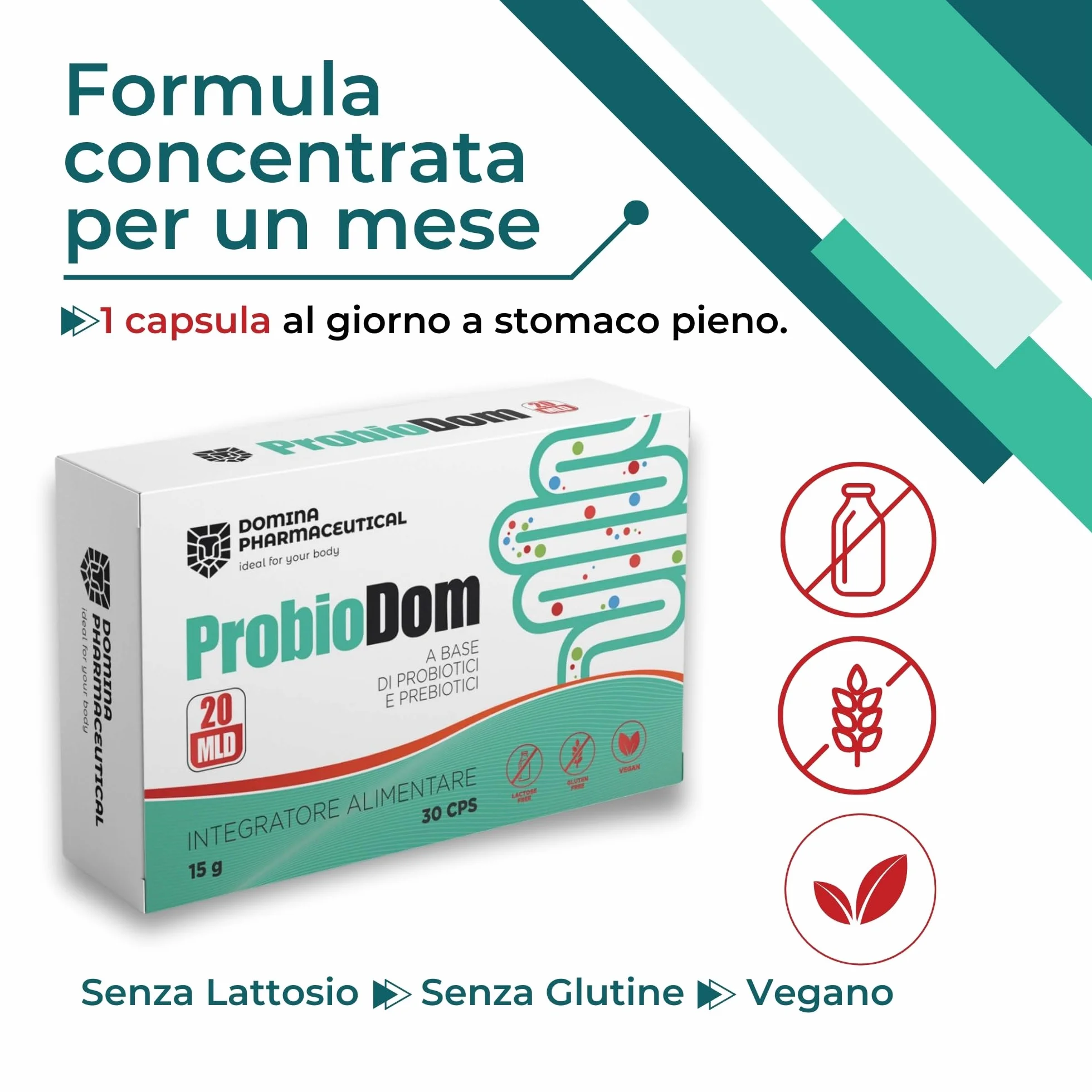 Probiotici e Prebiotici 20 Ceppi Formula Completa Bromelina Enzimi Digestivi Vitamine 30 CPS Vegane Domina Pharmaceutical