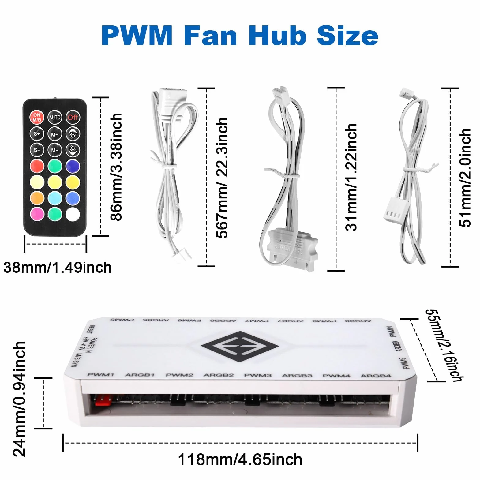 Hub ventola PWM ARGB RUIZHI 2 in 1, 9 prese PWM 4 pin, 5V 3 pin, SATA, 18 connessioni RGB