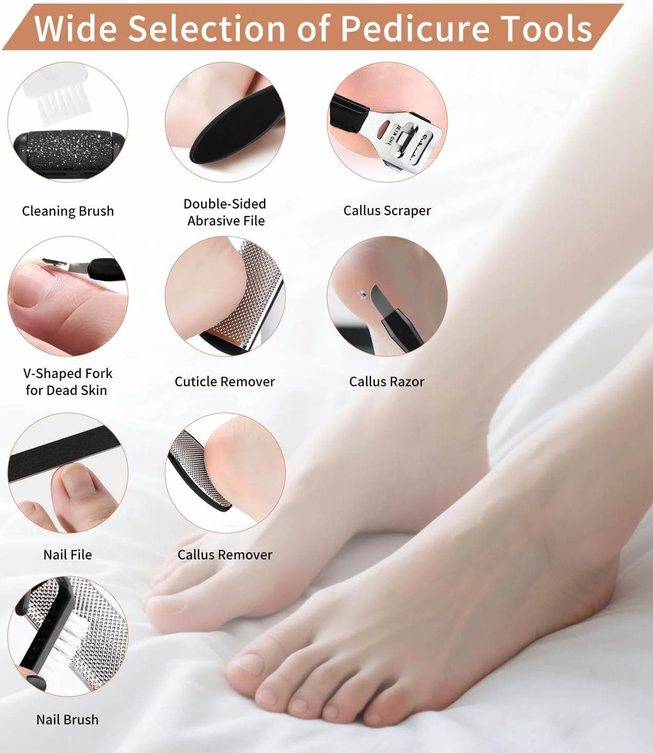 Set Pedicure Elettrico Professionale 18 Pezzi, Raspa Piedi con 3 Rulli Ricambio e 2 Velocità, Kit Rimozione Calli Talloni Screpolati