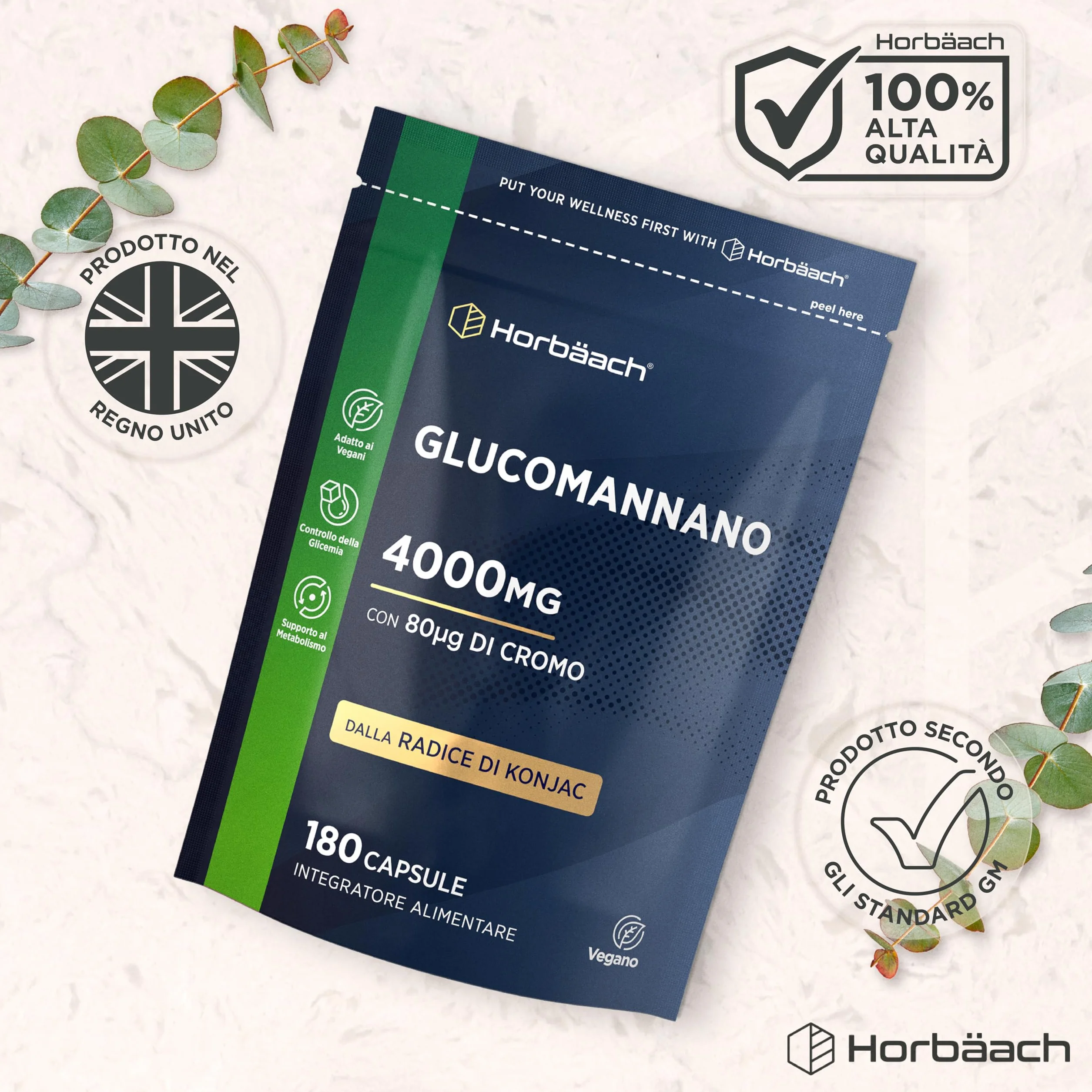 Glucomannano 4,000mg Radice di Konjac con Cromo 180 Capsule Vegani Horbaach
