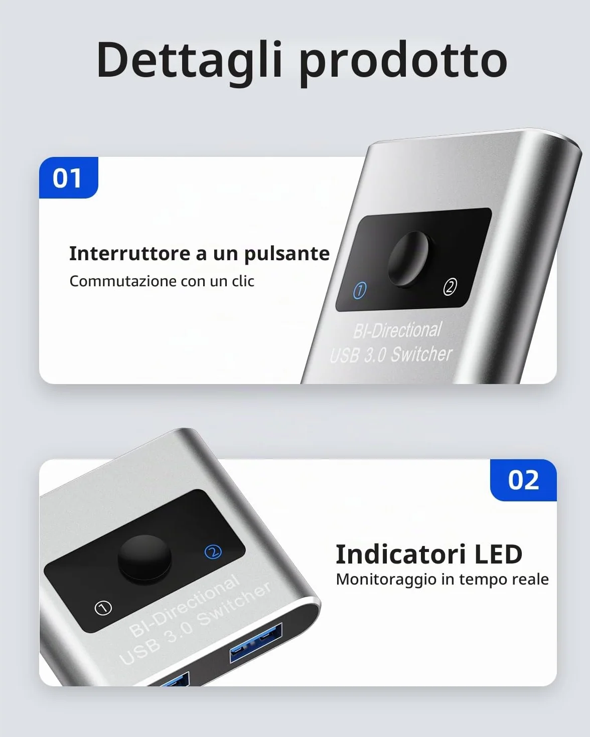 Selettore interruttore USB 3.0, splitter bidirezionale 2 in 1 uscita/1 in 2 uscite, commutatore USB in alluminio, 2 computer condividono 1 dispositivo per stampante, tastiera, mouse, con 2 cavi (1,5 m