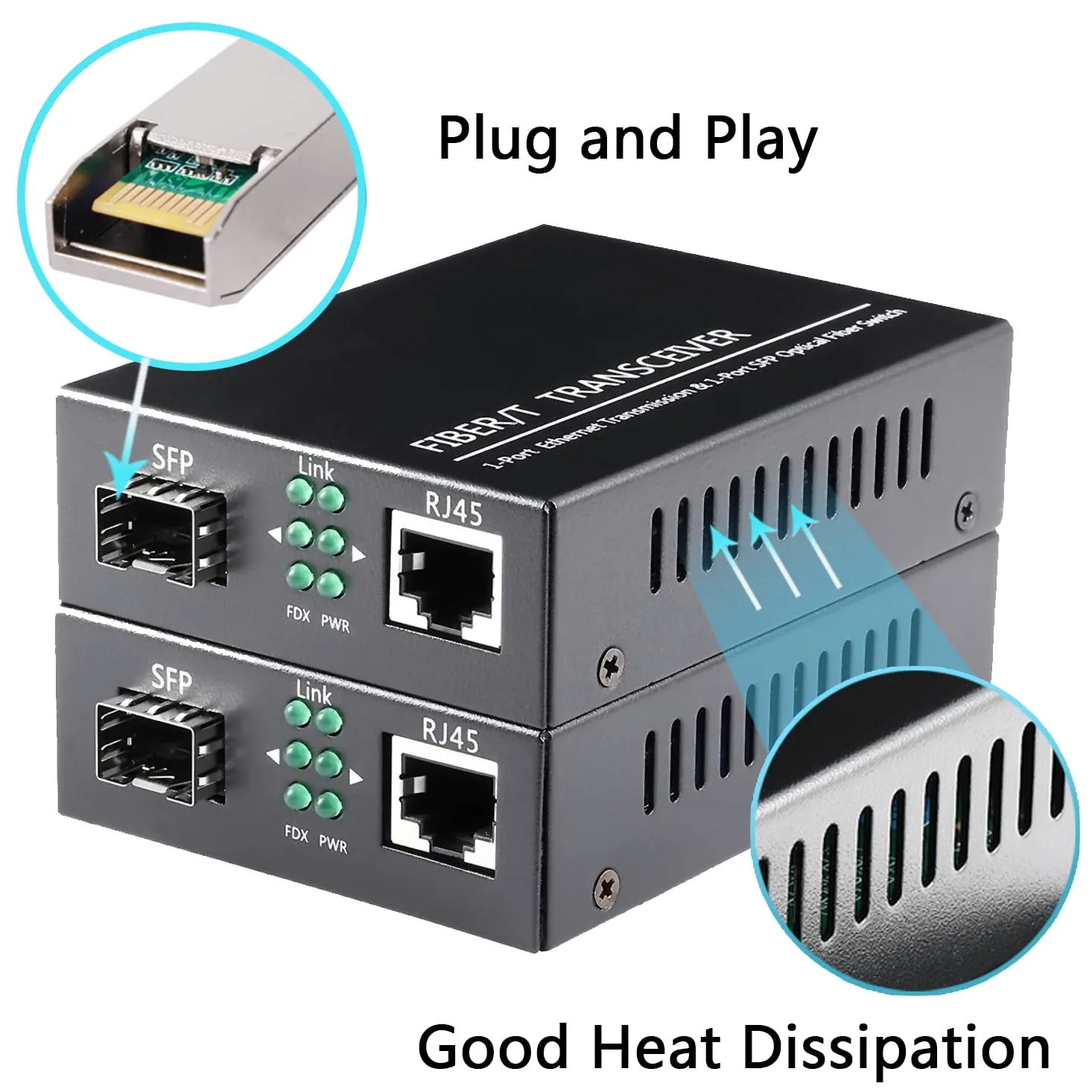 Un paio di convertitori multimediali Ethernet da 1,25 G/s Bidi Gigabit in fibra ottica con 2 moduli ricetrasmettitori Bidi SFP LC inclusi, SX SMF RJ45 a slot SFP fino a 30 KM