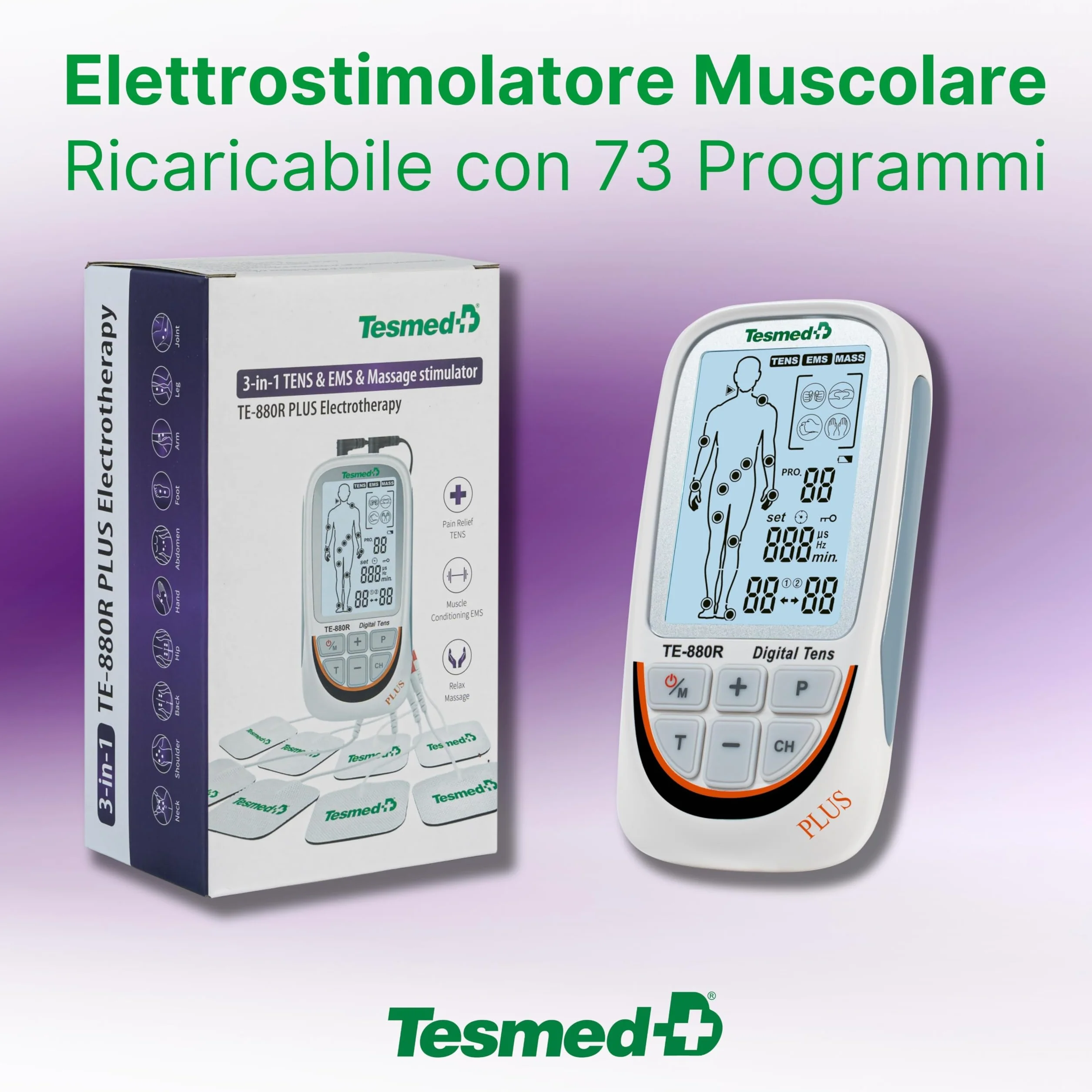 TESMED TE-880R Plus Elettrostimolatore Muscolare Ricaricabile EMS TENS 73 Programmi 8 Elettrodi