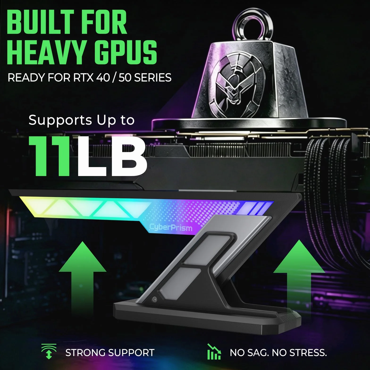 Supporto GPU ARGB, 75-125mm Supporto Scheda Grafica | Anti-sag per GPU triple slot, colonna in alluminio, base magnetica, ARGB 5V 3 pin, compatibile RTX 4090/5090