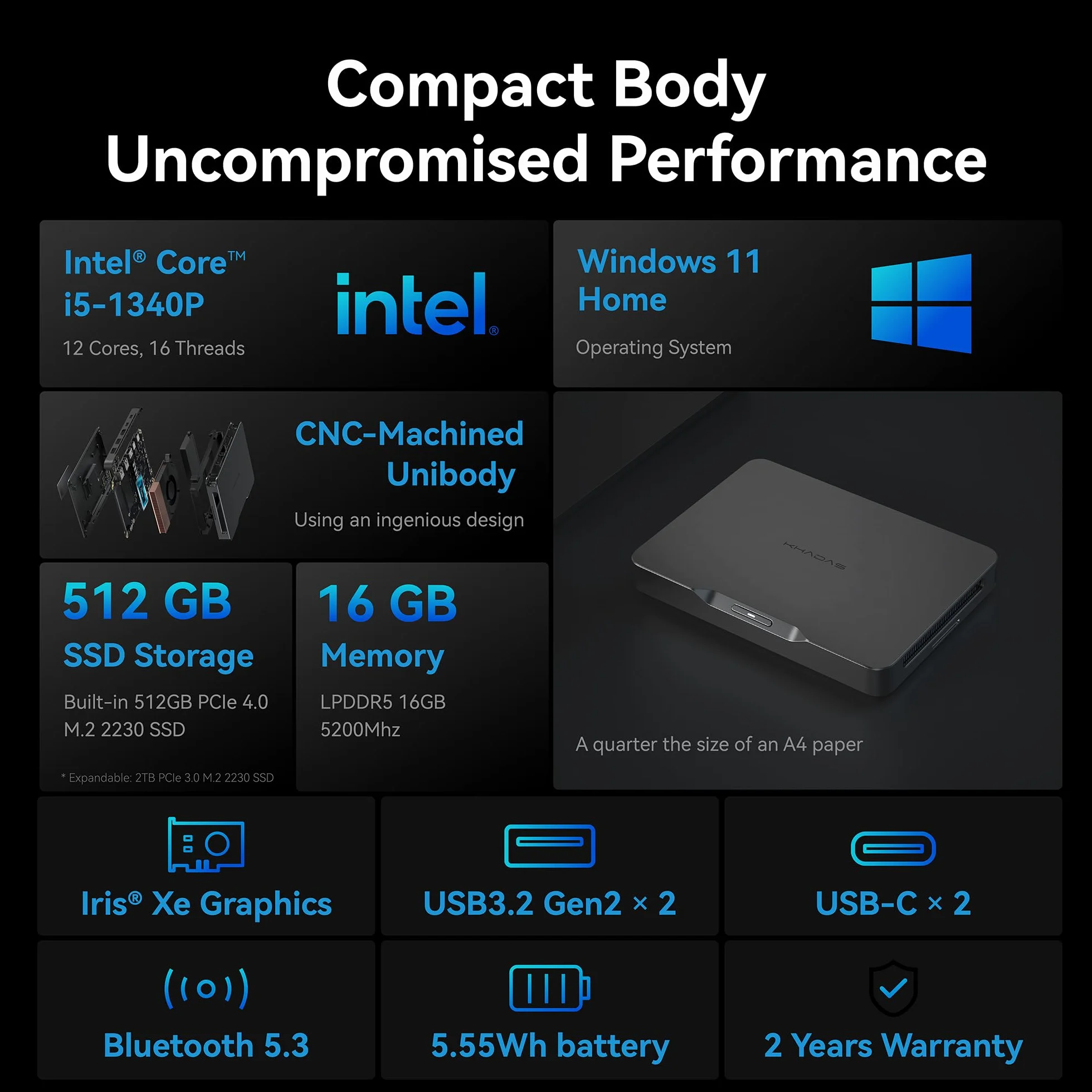 khadas Mind 1 Mini PC, Computer Desktop Micro con Intel Core i5-1340P a 4.6GHz, Batteria Standby da 5.55Wh, 16GB LPDDR5, 512GB PCIe 4.0 SSD, WiFi 6E, BT5.3, Computer Portatile per Ufficio e Casa