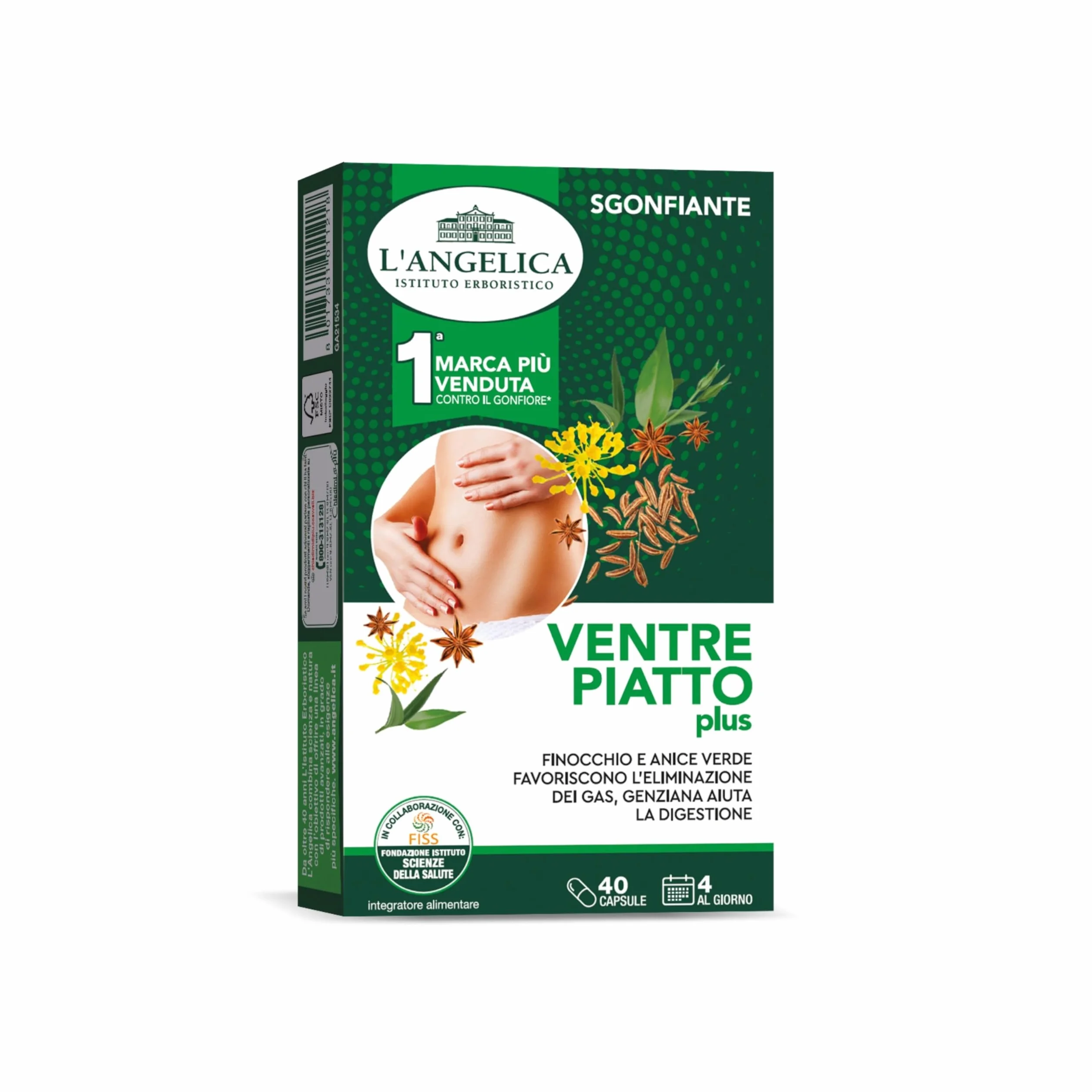 L'Angelica Ventre Piatto Plus Integratore Sgonfiante Anice Verde Finocchio Carvi Vegano 40 Capsule