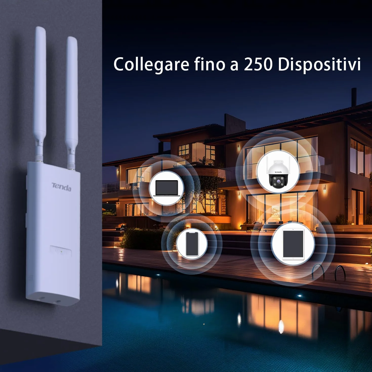 Tenda OAP1200 Access Point Esterno AC1200 Doppia Banda, Indoor/Outdoor Access Point 1200Mbps, IP65, MU-MIMO, OFDMA, Roaming Senza Interruzioni, Fino a 256 Dispositivi, PoE 802.3af & Passive PoE