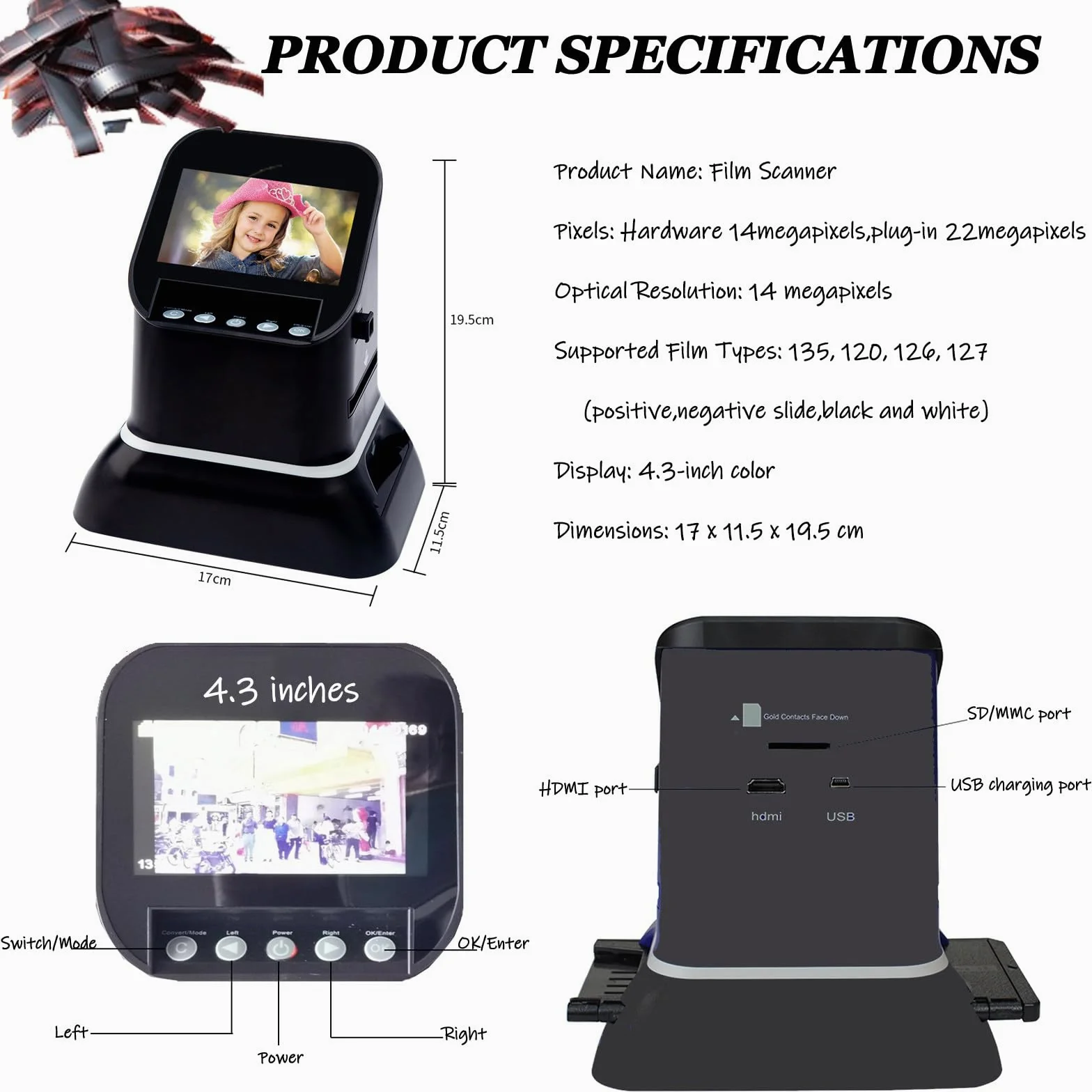 Scanner portatile per film, convertitore digitale ad alta risoluzione con schermo LCD, converte negativi e diapositive in JPEG
