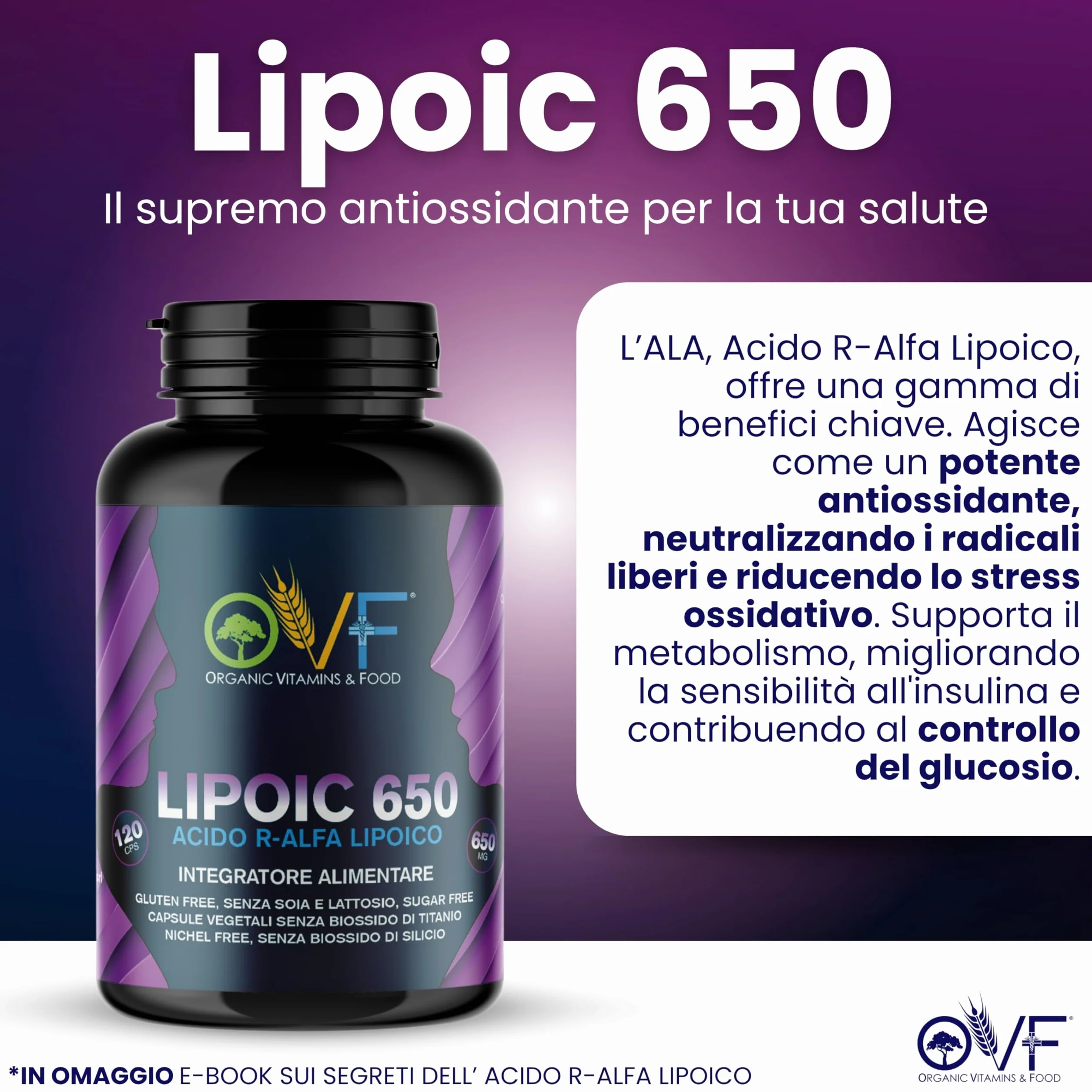 Acido R-Alfa Lipoico 650 mg 120 Capsule Antiossidante Antinfiammatorio Naturale Vegano Made in Italy